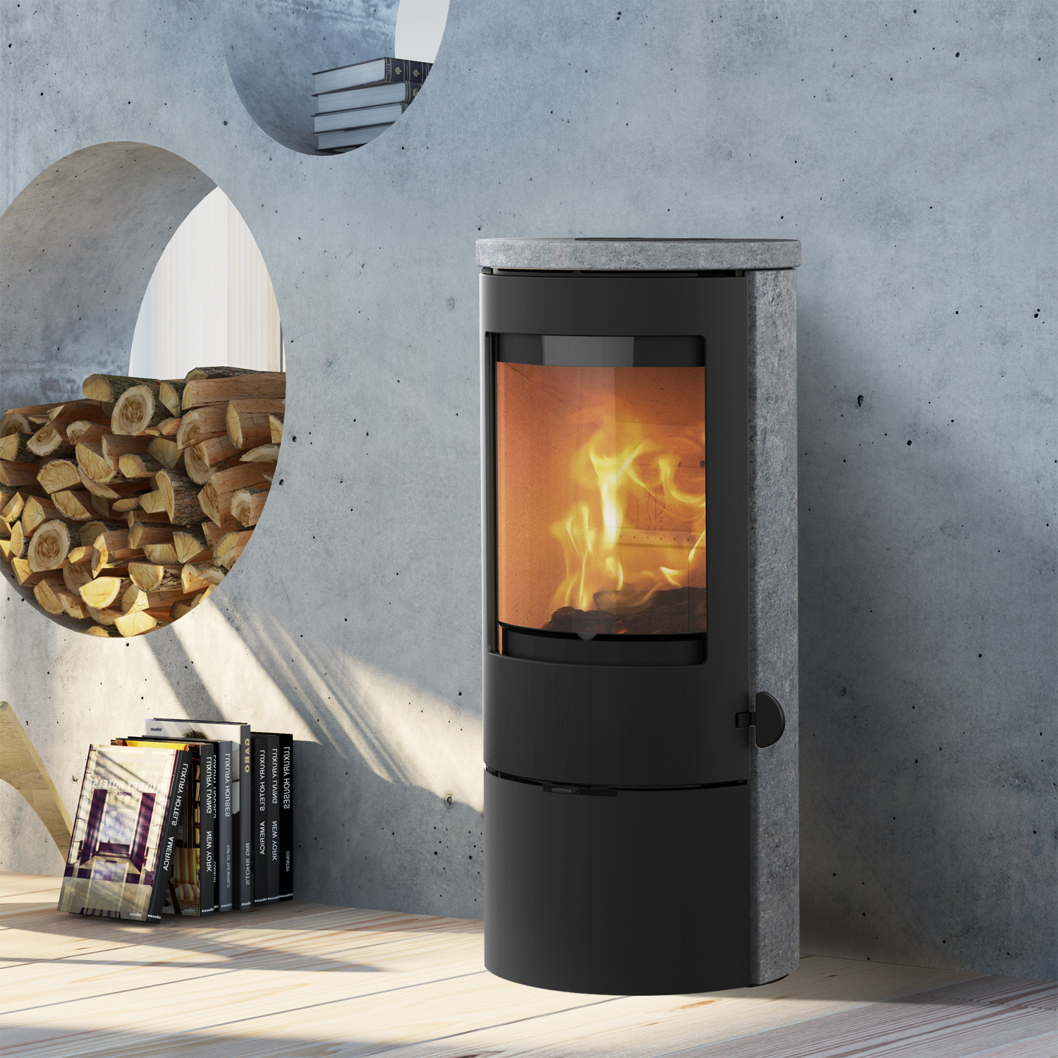 Lotus Prestige Basic S Poêle à bois en pierre ollaire, porte noire, sortie de fumée arrière Lotus Prestige Basic S Poêle à bois en pierre ollaire, porte noire, sortie de fumée arrière