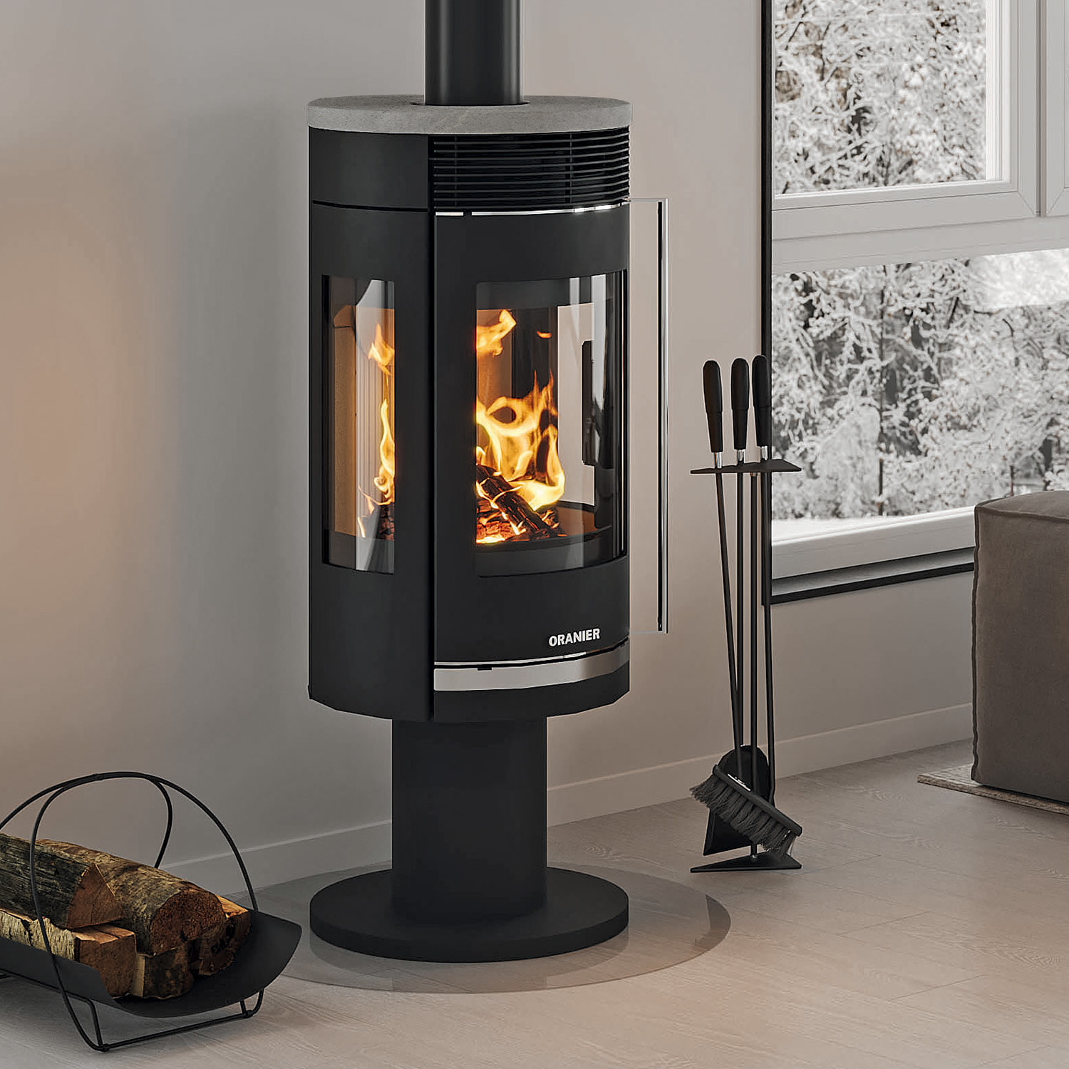 Poêle à bois Oranier Rota Twist en acier noir / Plaque supérieure en stéatite