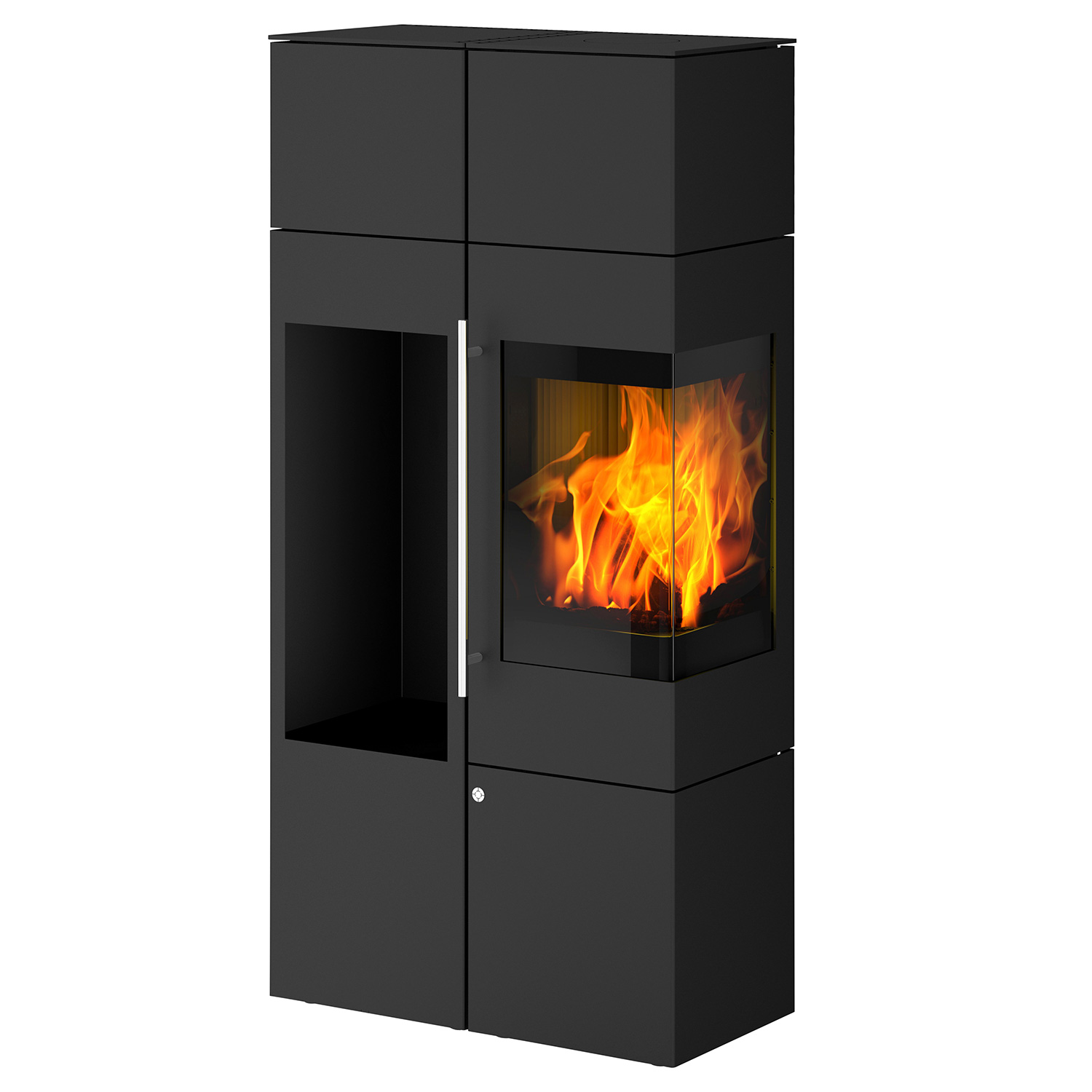 Olsberg Ipala Smart Compact poêle à bois en acier noir, ouverture de porte à droite, porte en acier avec module de stockage et étagère à bois à gauche.