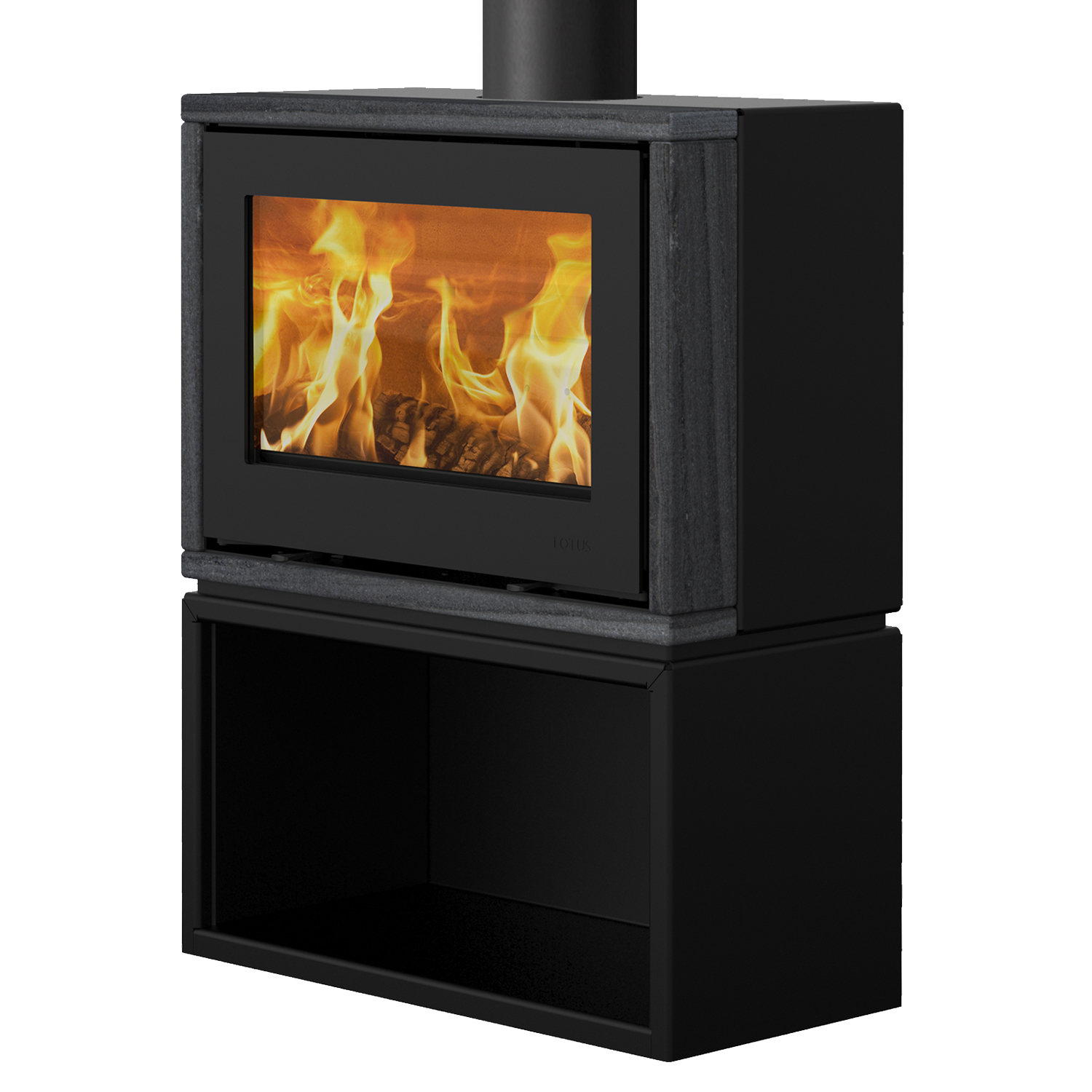 Lotus poêle à bois Style 370 sans socle noir/ Indian Night, RR arrière ou RR dessus / en option variantes de poignée