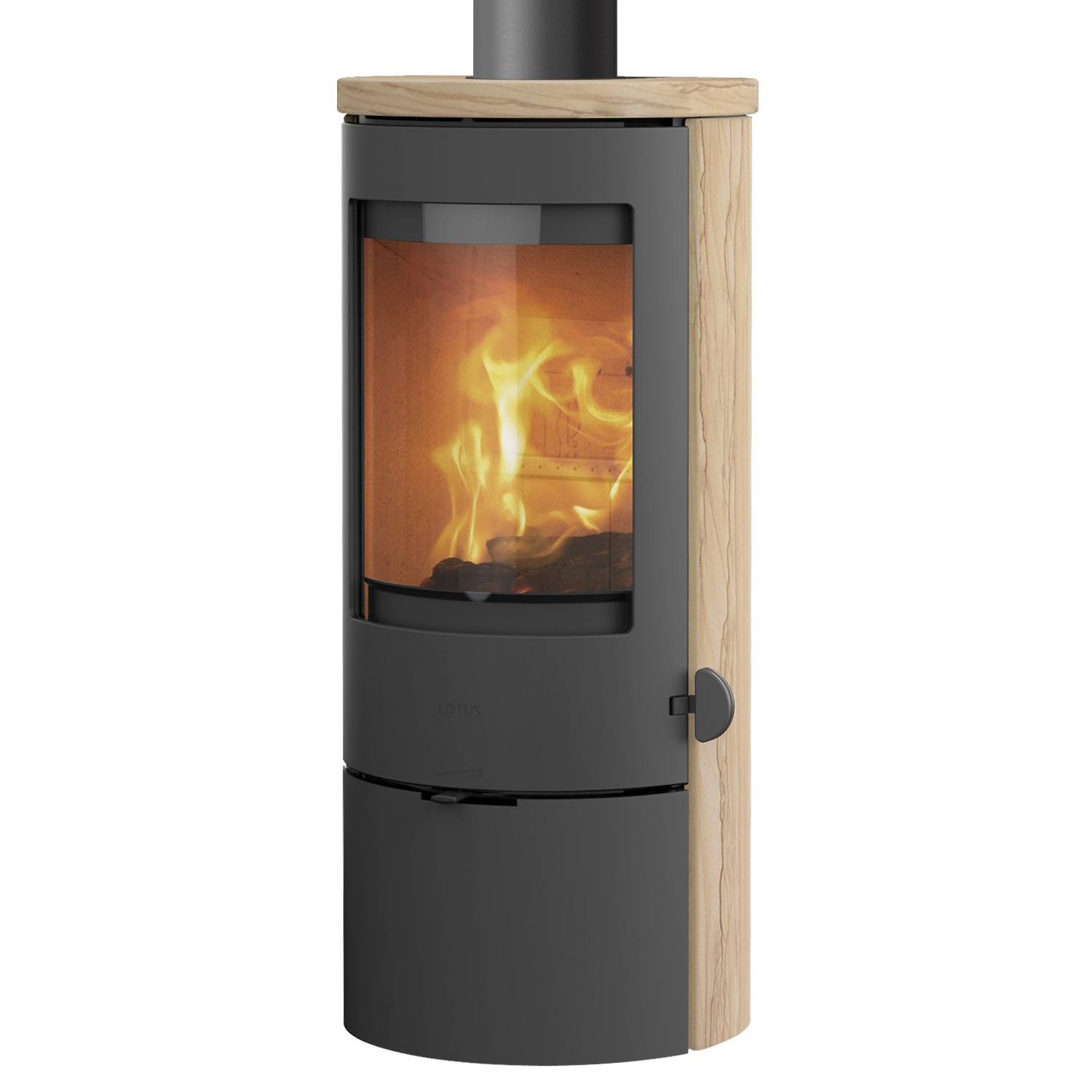 Lotus Prestige Basic Sand Poêle à bois, porte grise, sortie de fumée par le haut