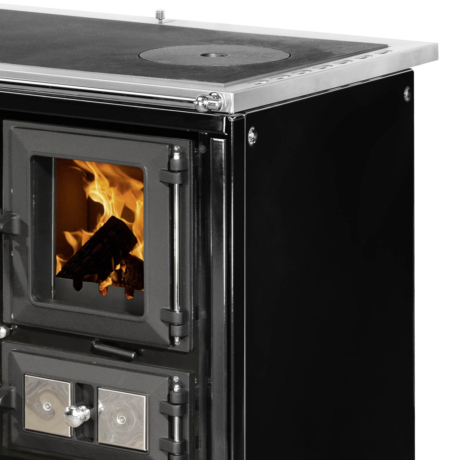 Justus Rustico-90 2.0 poêle de cuisine en acier noir, compartiment de cuisson à gauche