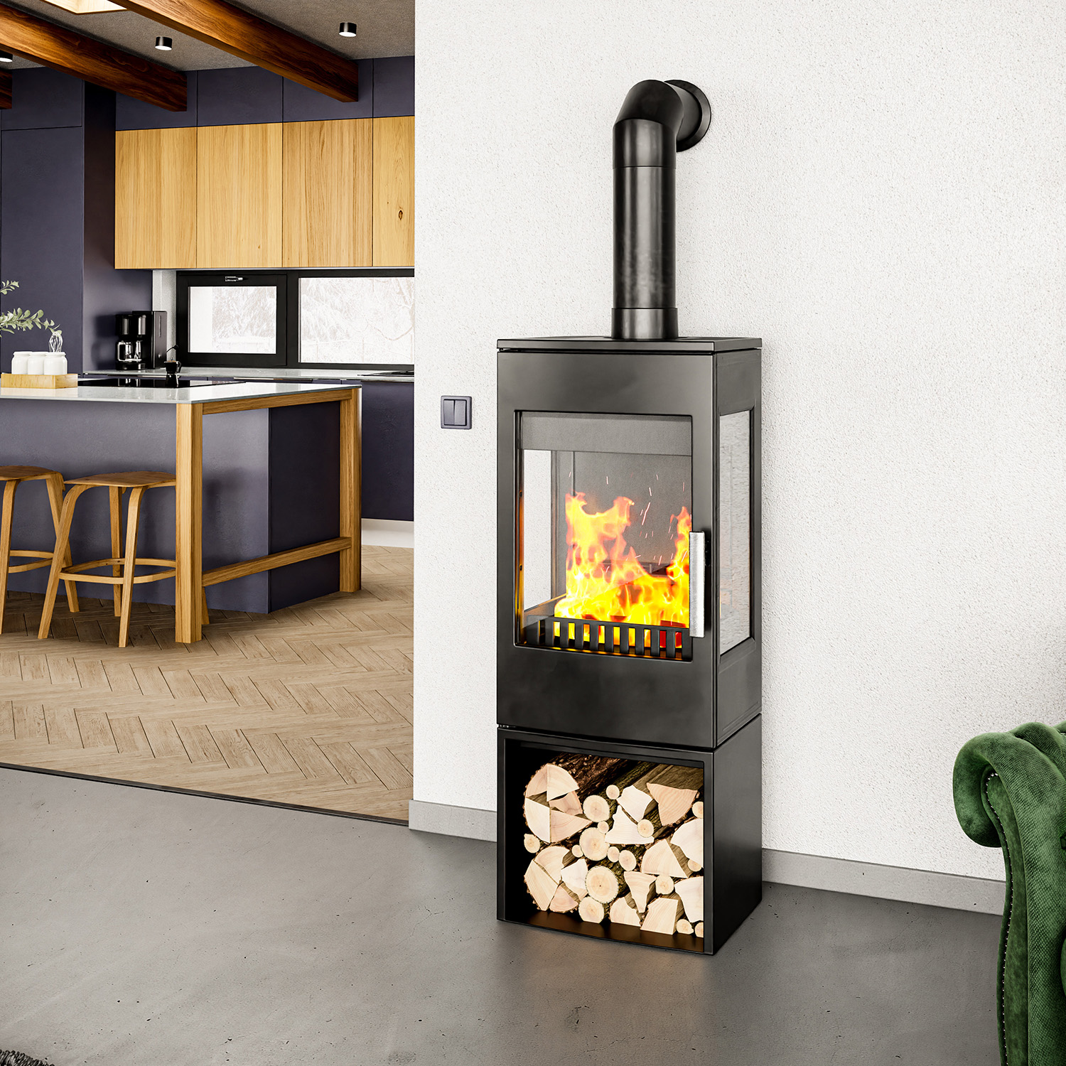 Haas+Sohn WIEN.l easy III 3 vitres avec compartiment range-bûches poêle à bois sans porte noir profond