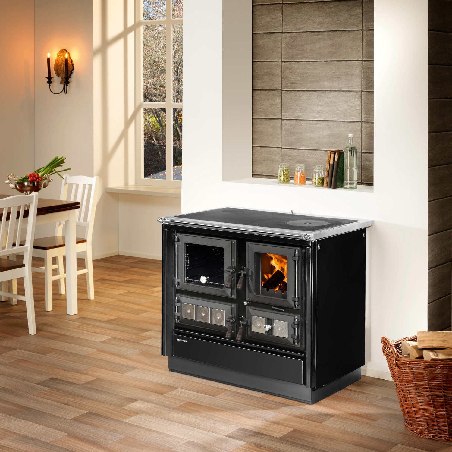 Justus Rustico-90 2.0 poêle de cuisine en acier noir, compartiment de cuisson à gauche