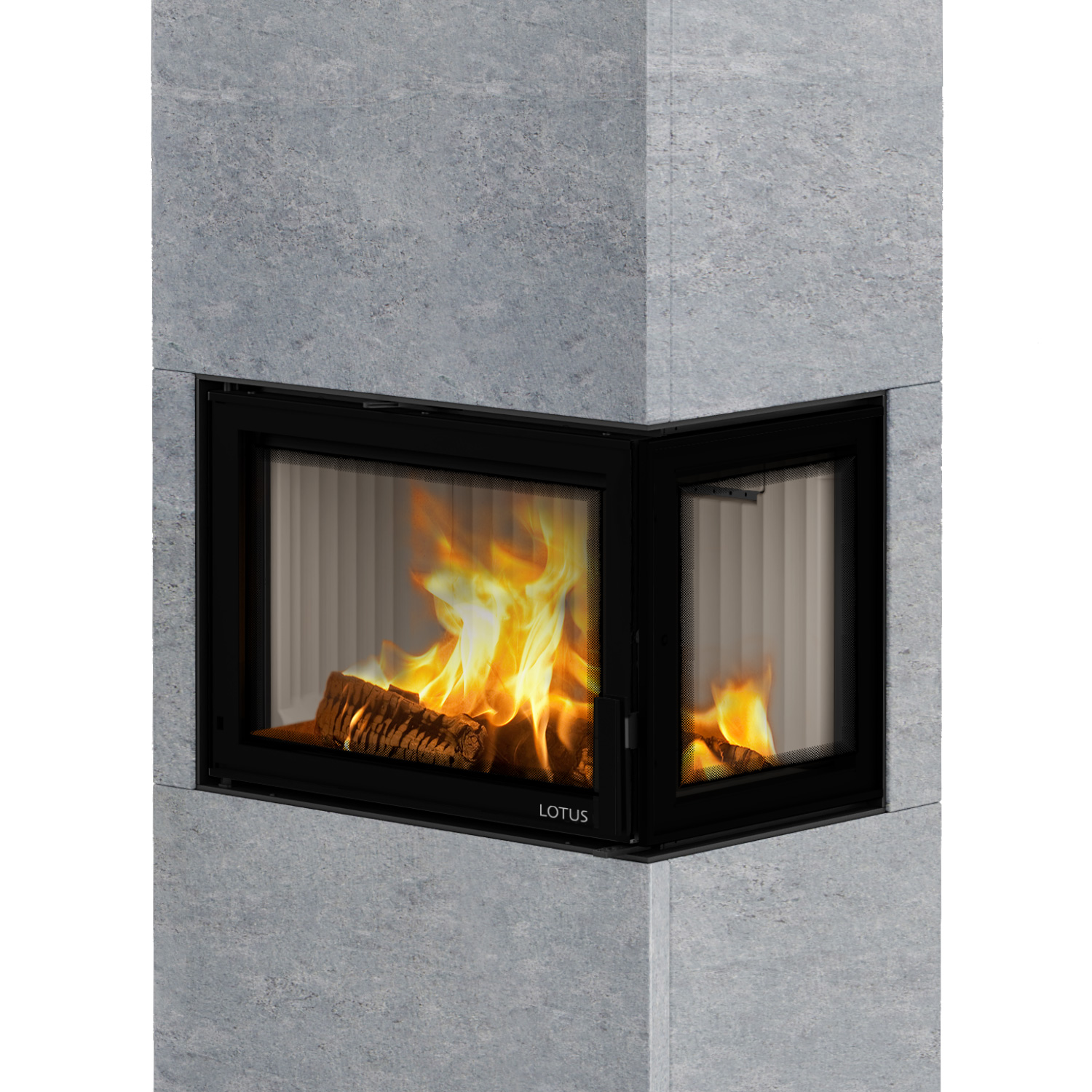Poêle à bois Lotus Visto R en stéatite, vitre latérale à droite, évacuation des fumées par le haut
