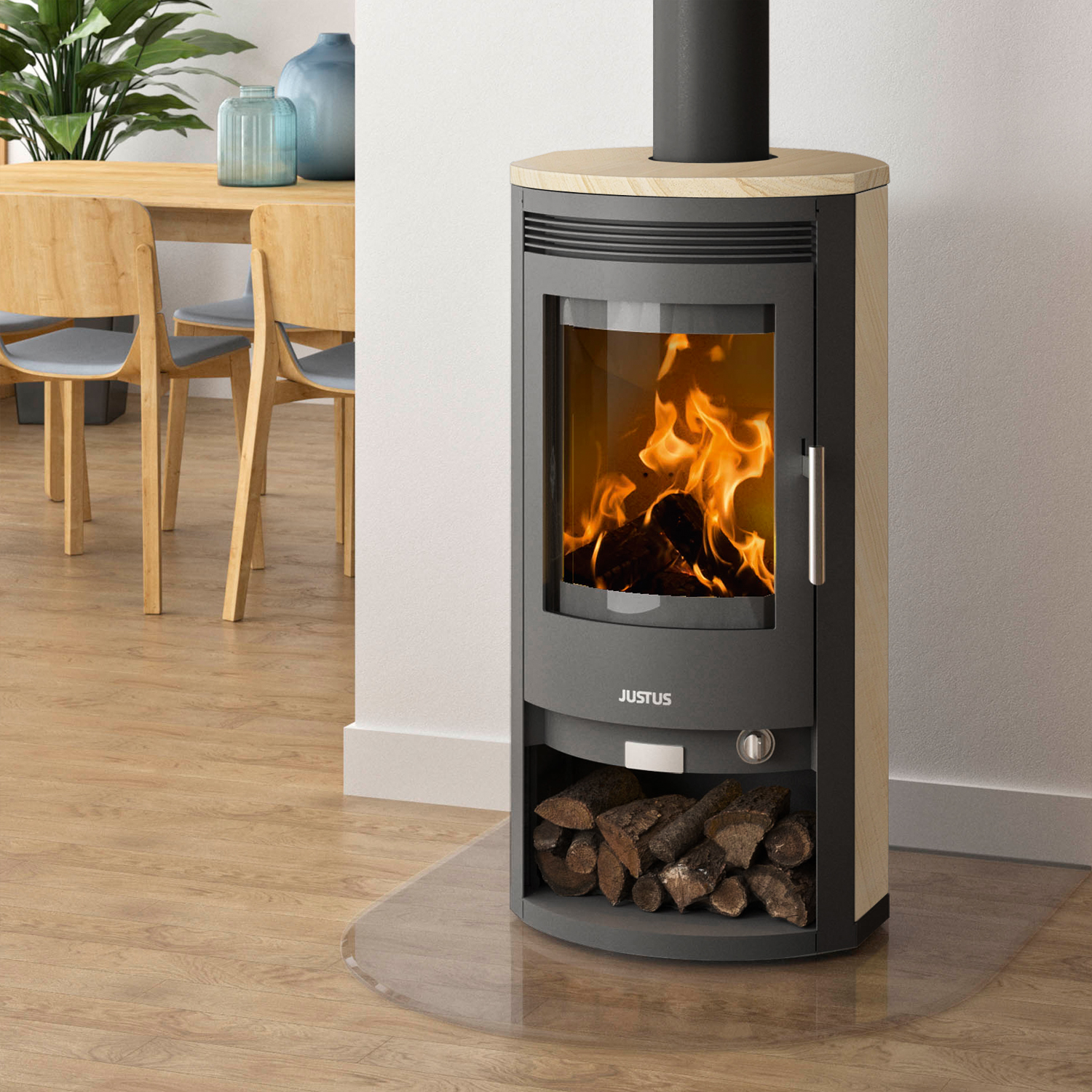 Justus Baltrum 5 D 2.0 Poêle à bois en acier noir / pierre de sable Justus Baltrum 5 D 2.0 Poêle à bois en acier noir / pierre de sable