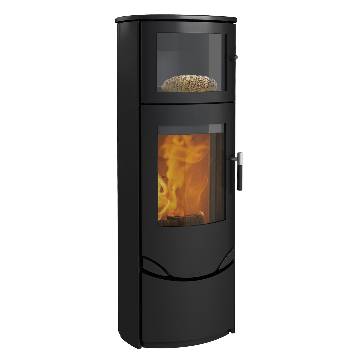 Poêle à bois Lotus Prio 7 noir avec compartiment de cuisson, sortie de fumée à l'arrière