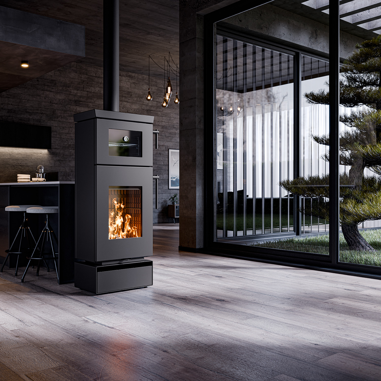 Thermorossi poêle à bois Zen O Evo6 avec compartiment four et compartiment range-bûches noir mat