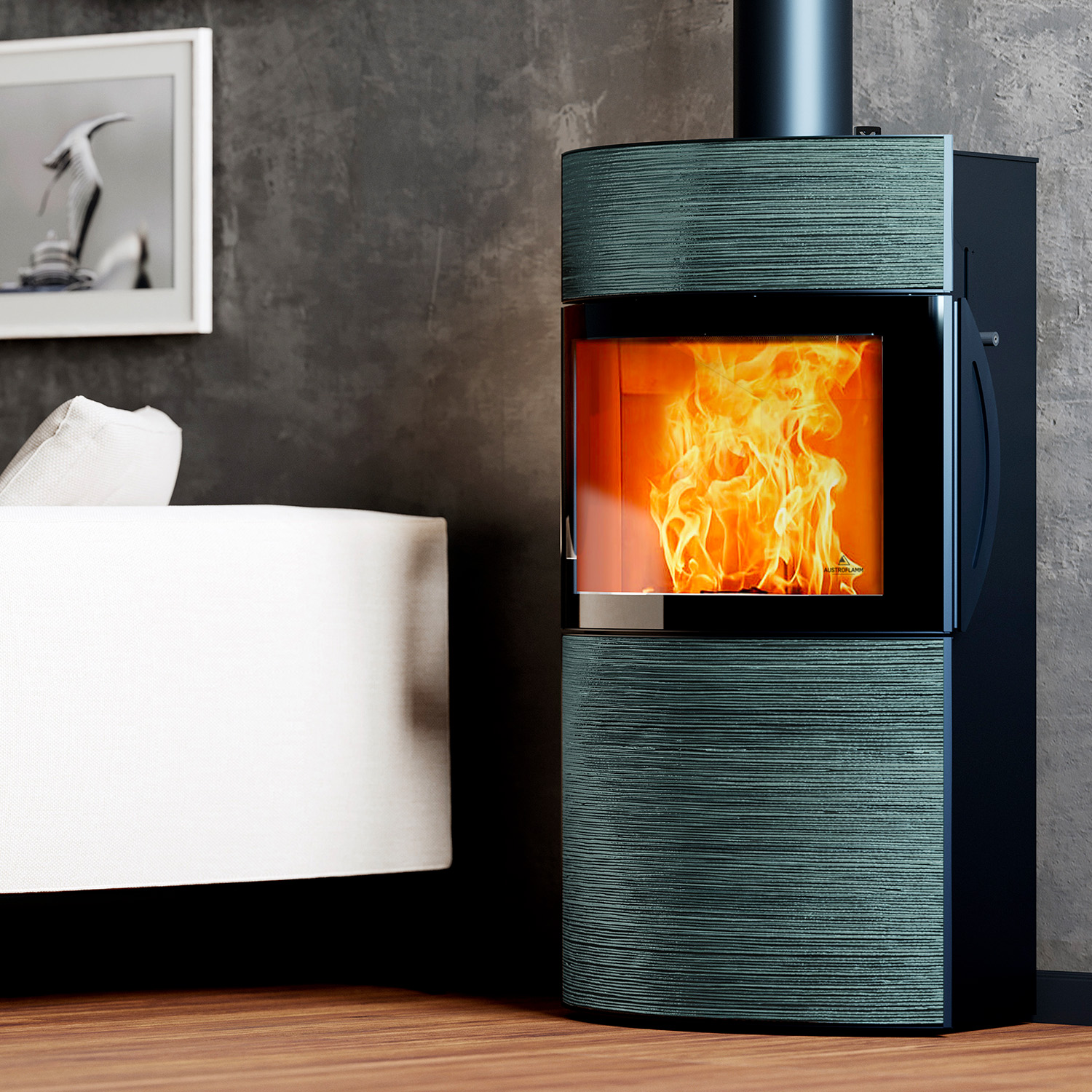 Austroflamm Fynn Xtra 2.0 poêle à bois acier noir/ revêtement céramique tourmaline rainure brillante