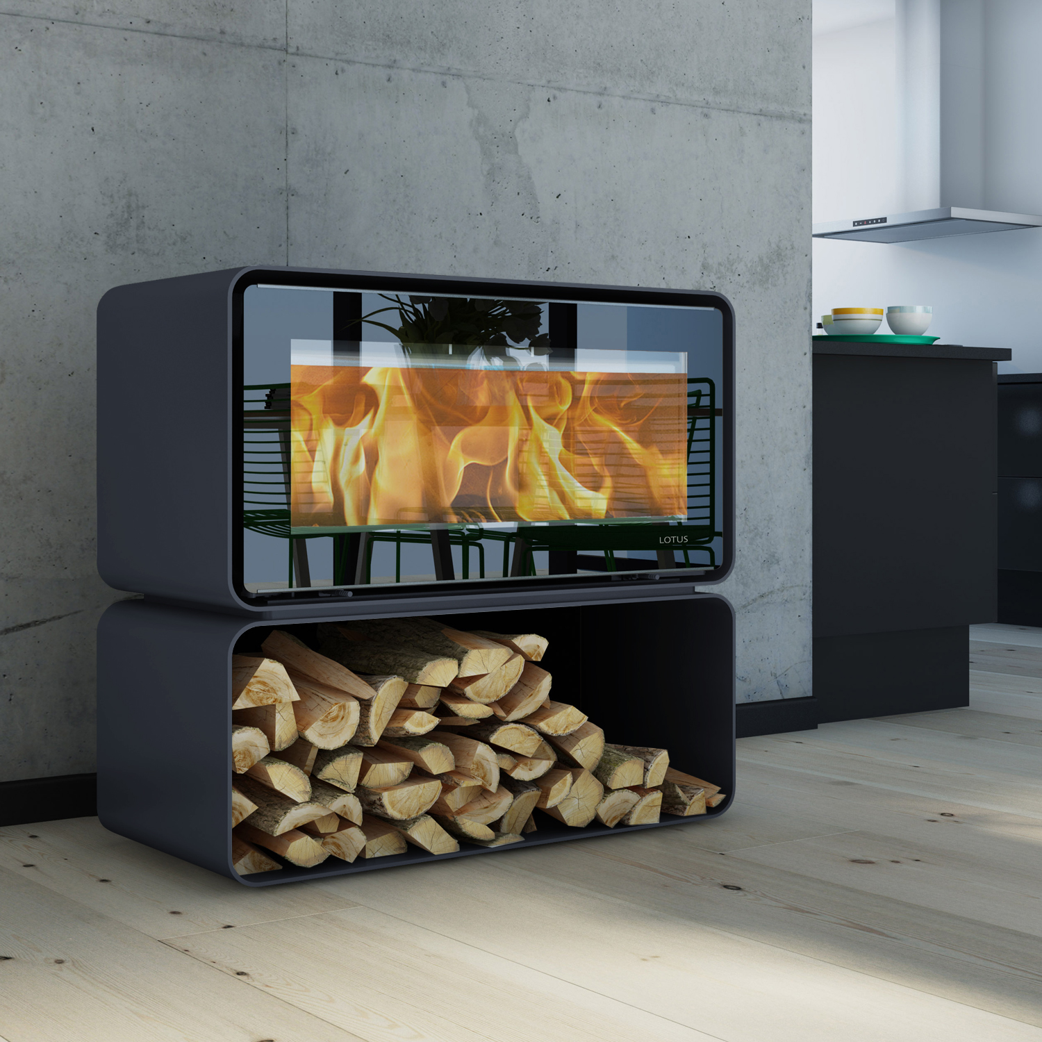 Poêle à bois Lotus Living Cube Ocean Dark, sortie de fumée arrière Poêle à bois Lotus Living Cube Ocean Dark, sortie de fumée arrière