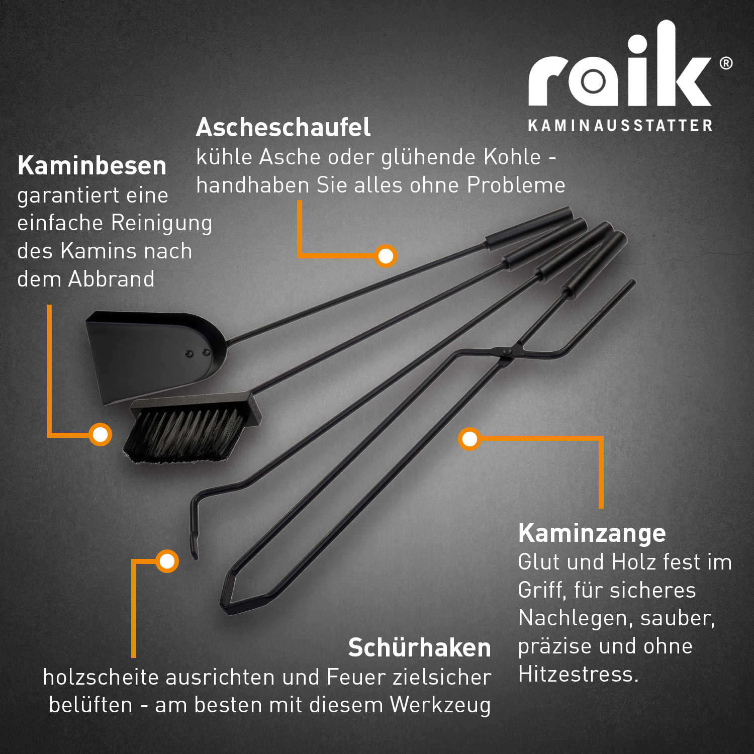 Raik Ensemble d'Accessoires de Cheminée Theodor, 4 pièces, noir