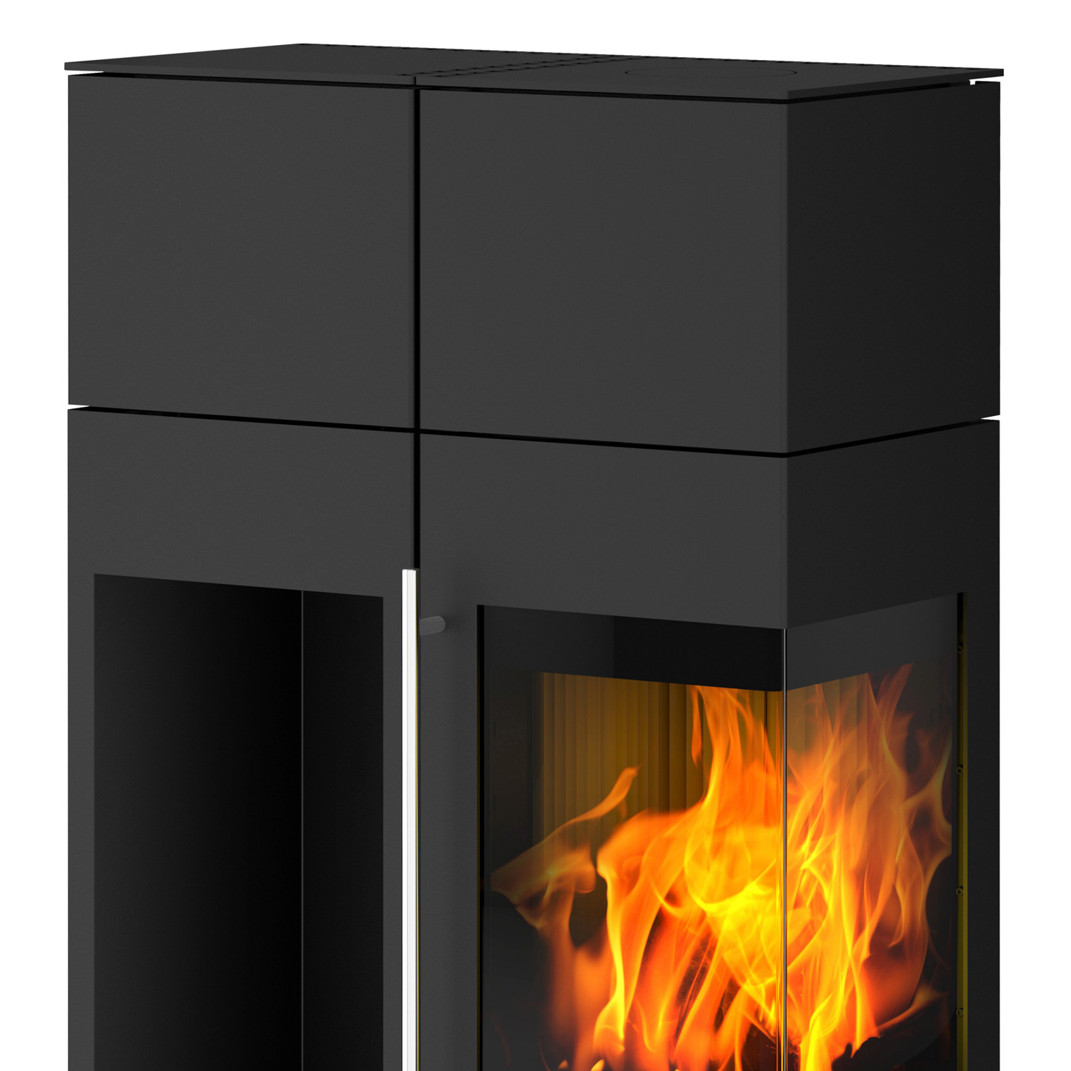 Olsberg Ipala Smart Compact poêle à bois en acier noir, ouverture de porte à droite, porte en acier avec module de stockage et étagère à bois à gauche.