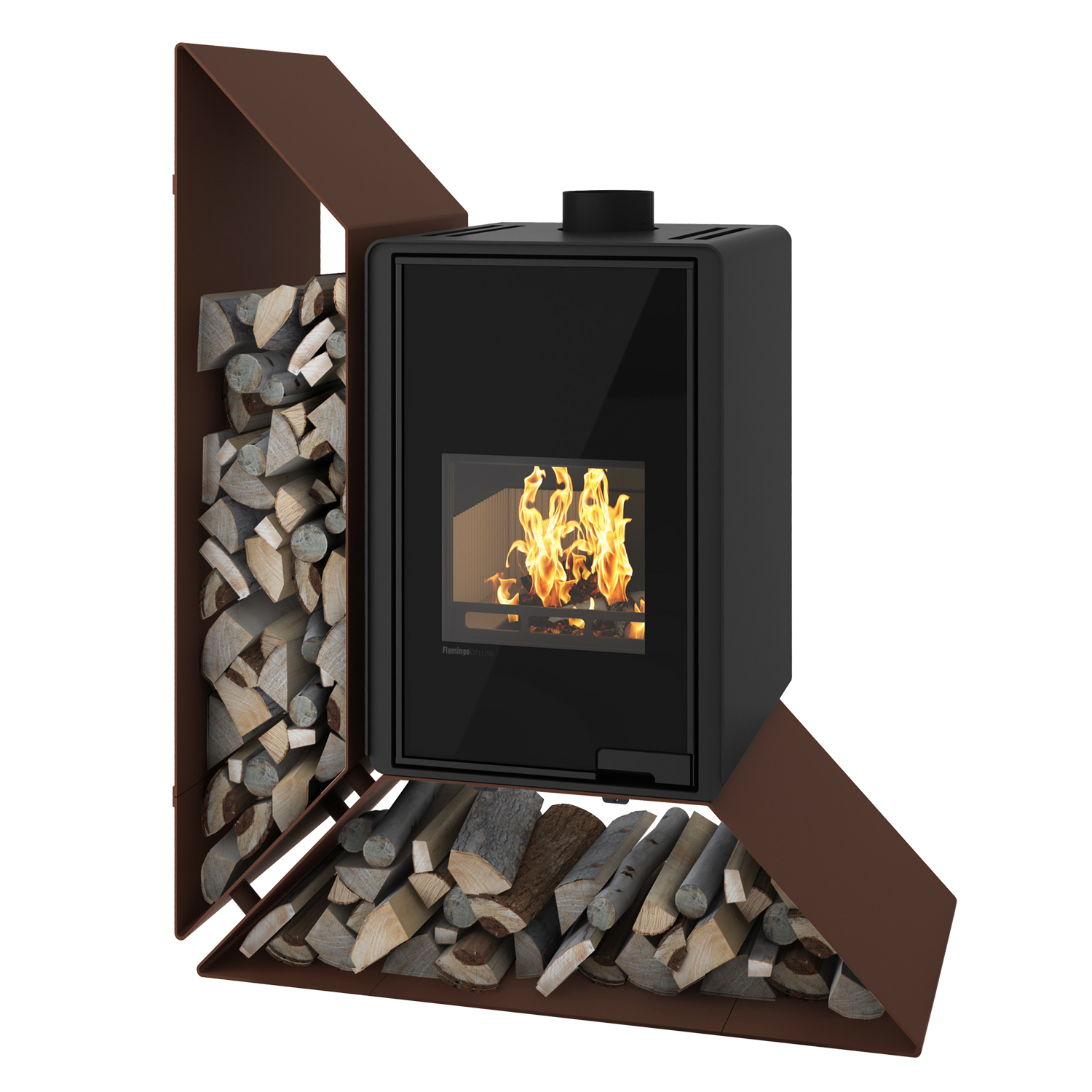 HS Flamingo Deluxe Kampa poêle à bois marron étagère à gauche