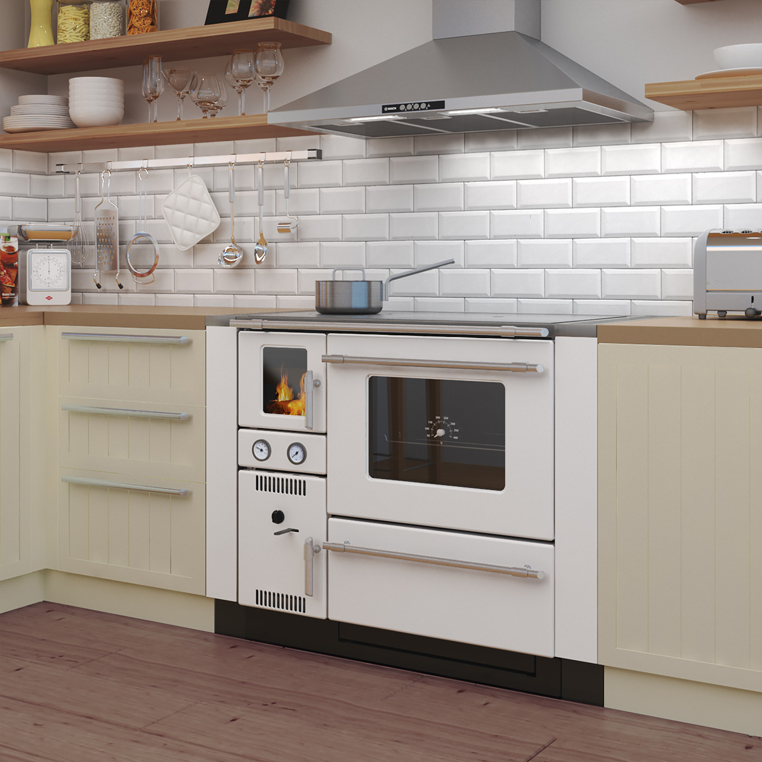 Wamsler K 148 poêle de cuisine avec conduit d'eau Blanc/Mat, conduit de fumée à droite