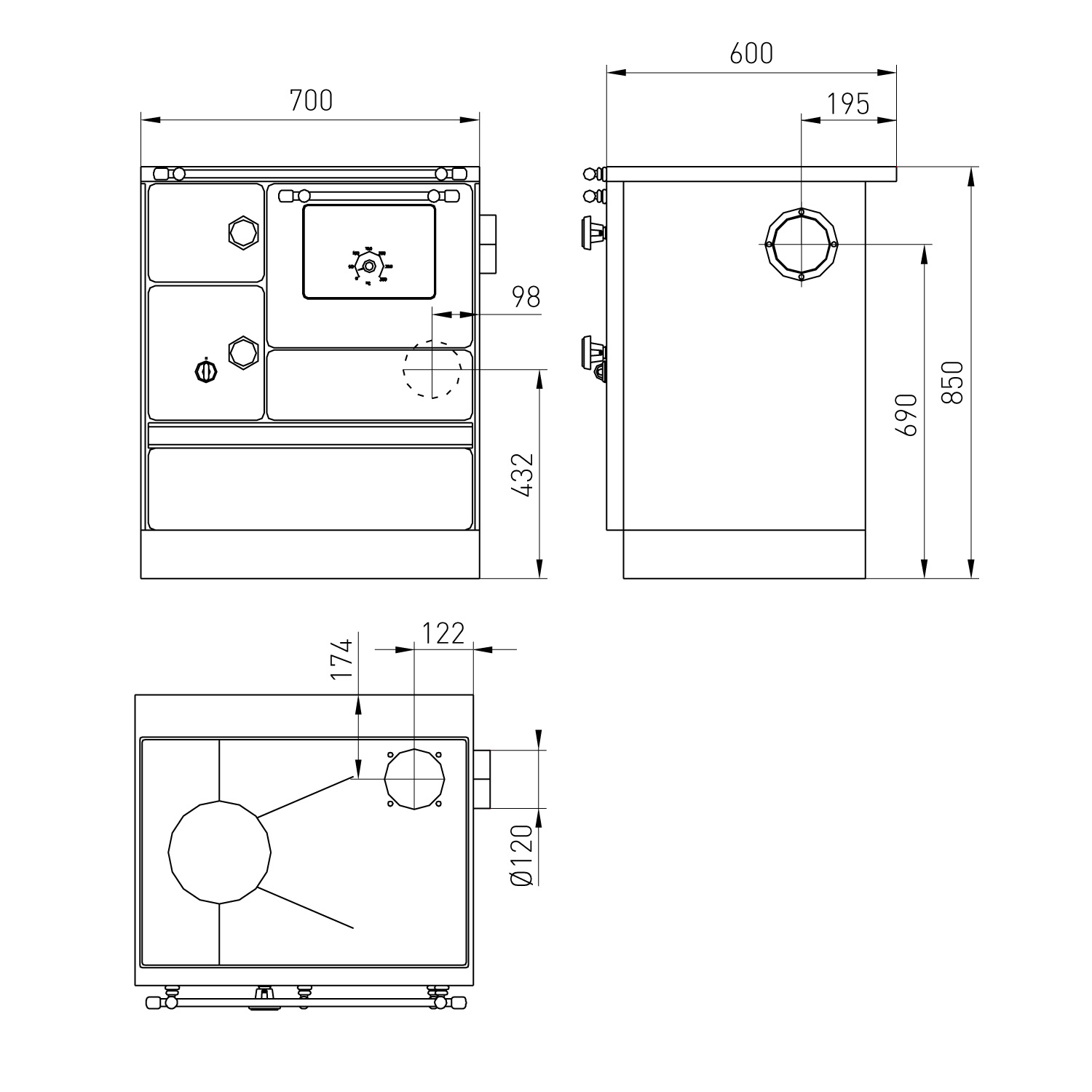 Wamsler K 176 A 70 Cuisinière en acier noir, four à droite