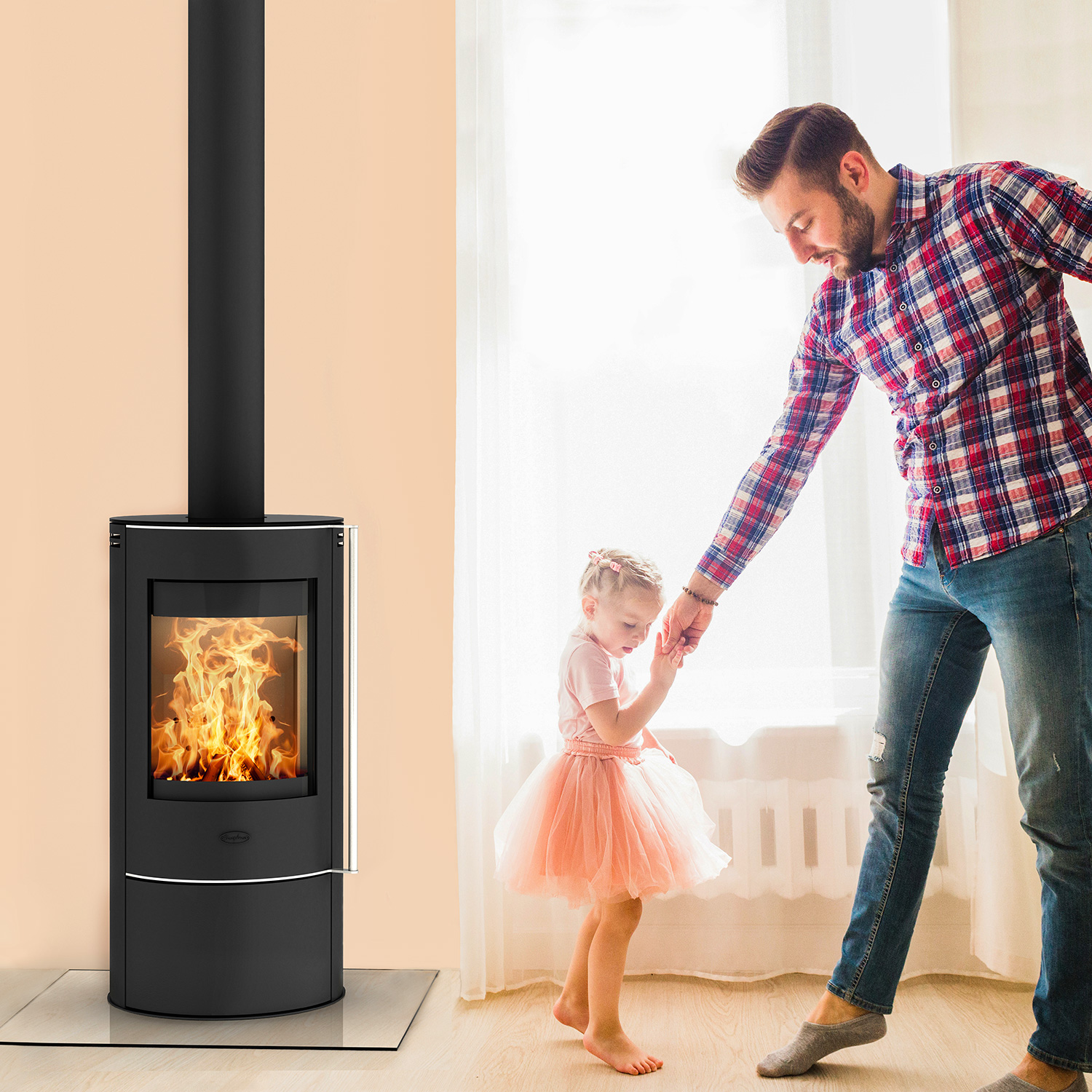 Poêle à bois Fireplace Elite Angerona en acier noir avec plaque de recouvrement en verre + 1 m³ de bois de chauffage gratuit
