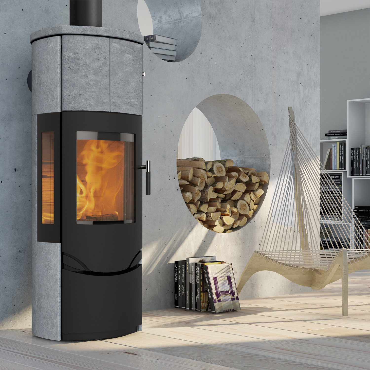 Poêle à bois Lotus Prio M Noir/ Pierre ollaire/ Verre latéral, évacuation des fumées par le haut