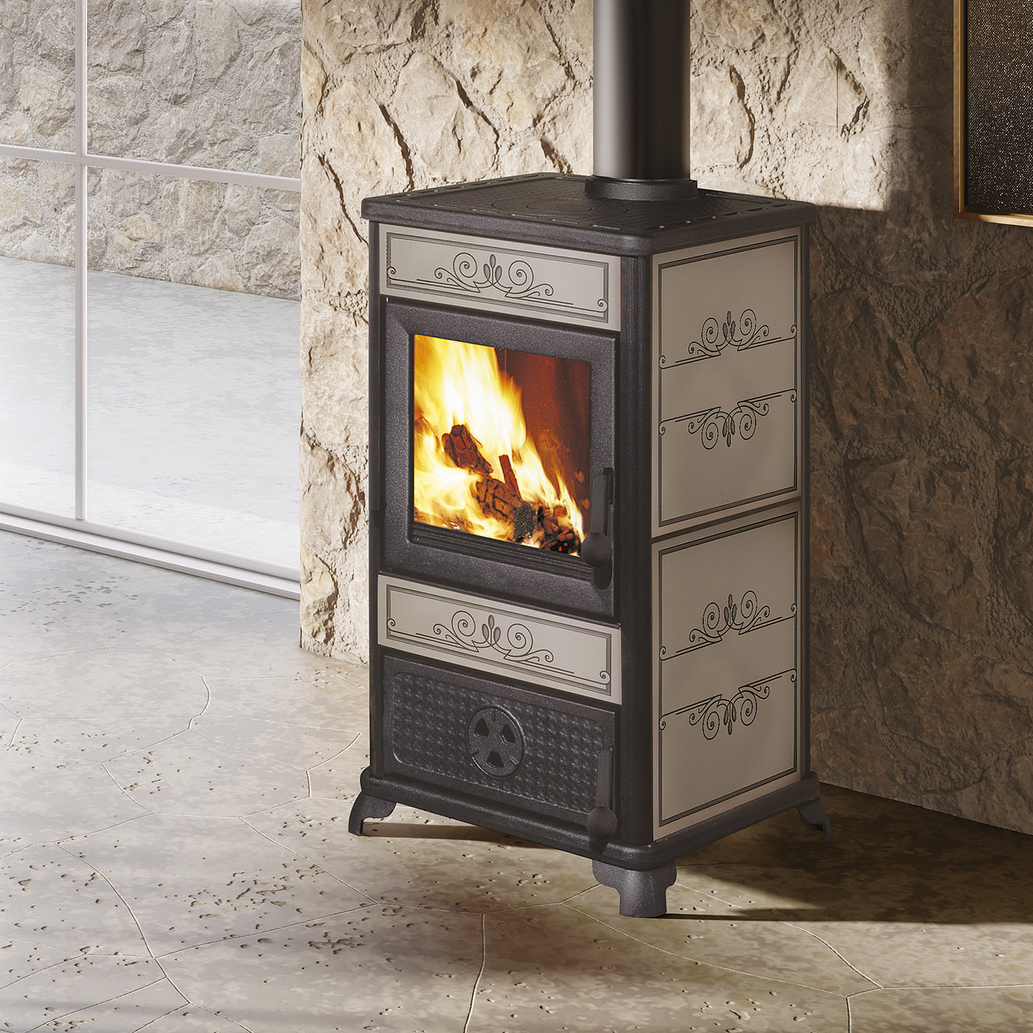 Poêle à bois EK63 Fancy en céramique gris colombe avec sortie de fumée par le haut