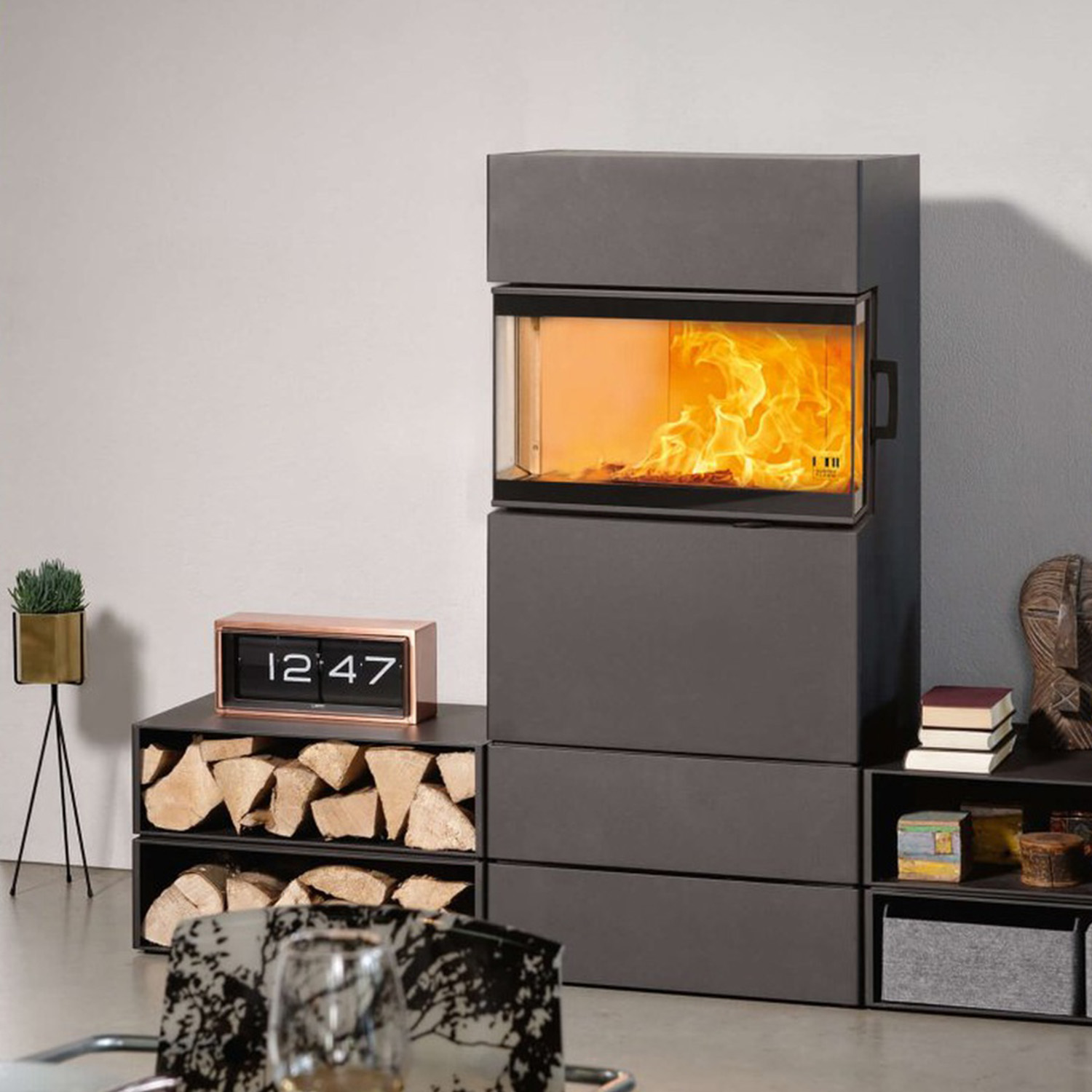 Austroflamm Dexter S3 3.0 poêle à bois acier gris fonte, vitré sur 3 côtés, raccordement tuyaux en haut ou à l'arrière