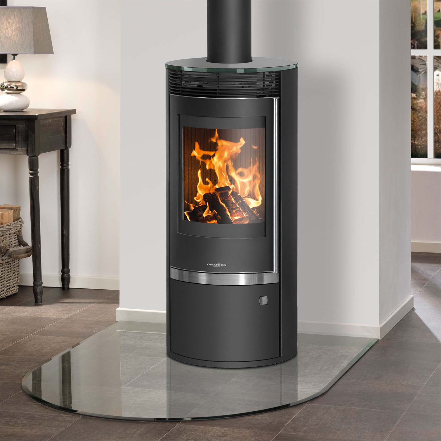 Poêle à bois Oranier Rota Top 2.0 en acier noir avec plaque de recouvrement en verre