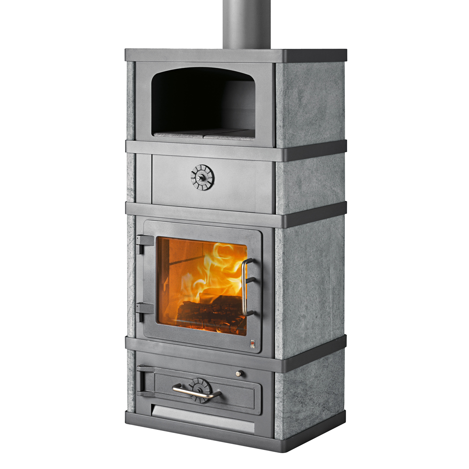 Poêle à bois Lotus 2080 avec compartiment de maintien au chaud Gris, sortie de fumée par le haut