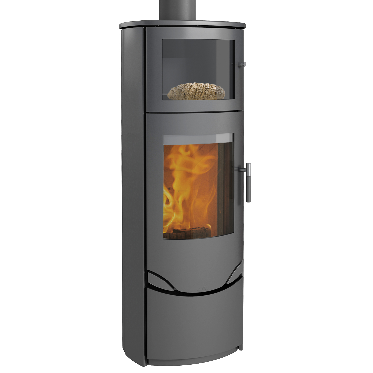 Poêle à bois Lotus Prio 7 gris avec compartiment de cuisson, évacuation des fumées par le haut