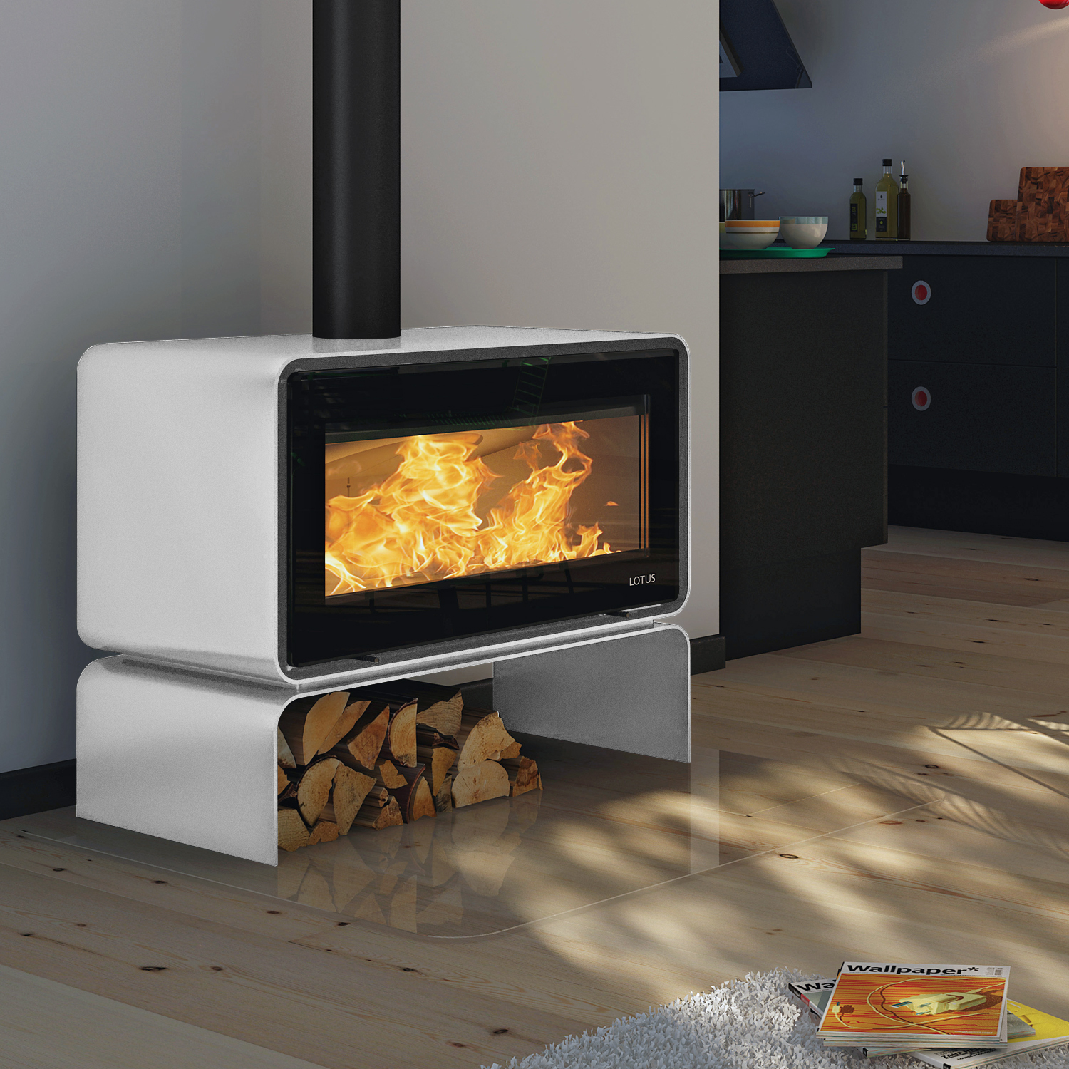 Poêle à bois Lotus Living Base Alpin White, sortie de fumée à l'arrière