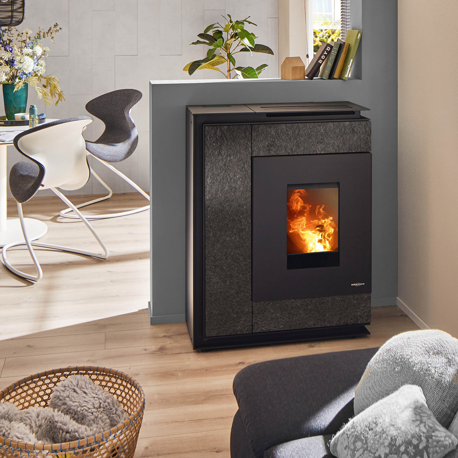 Oranier Boreas II poêle à granulés acier noir / pierre frittée ardoise, tuyau de fumée arrière