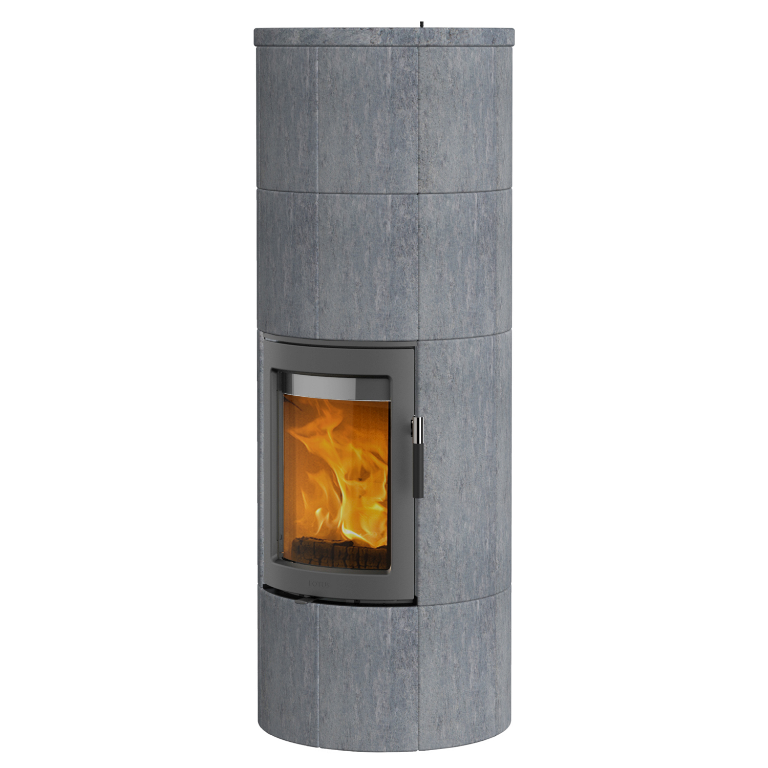 Poêle à bois Lotus Maestro 2 en stéatite, porte grise, sortie de fumée à l'arrière