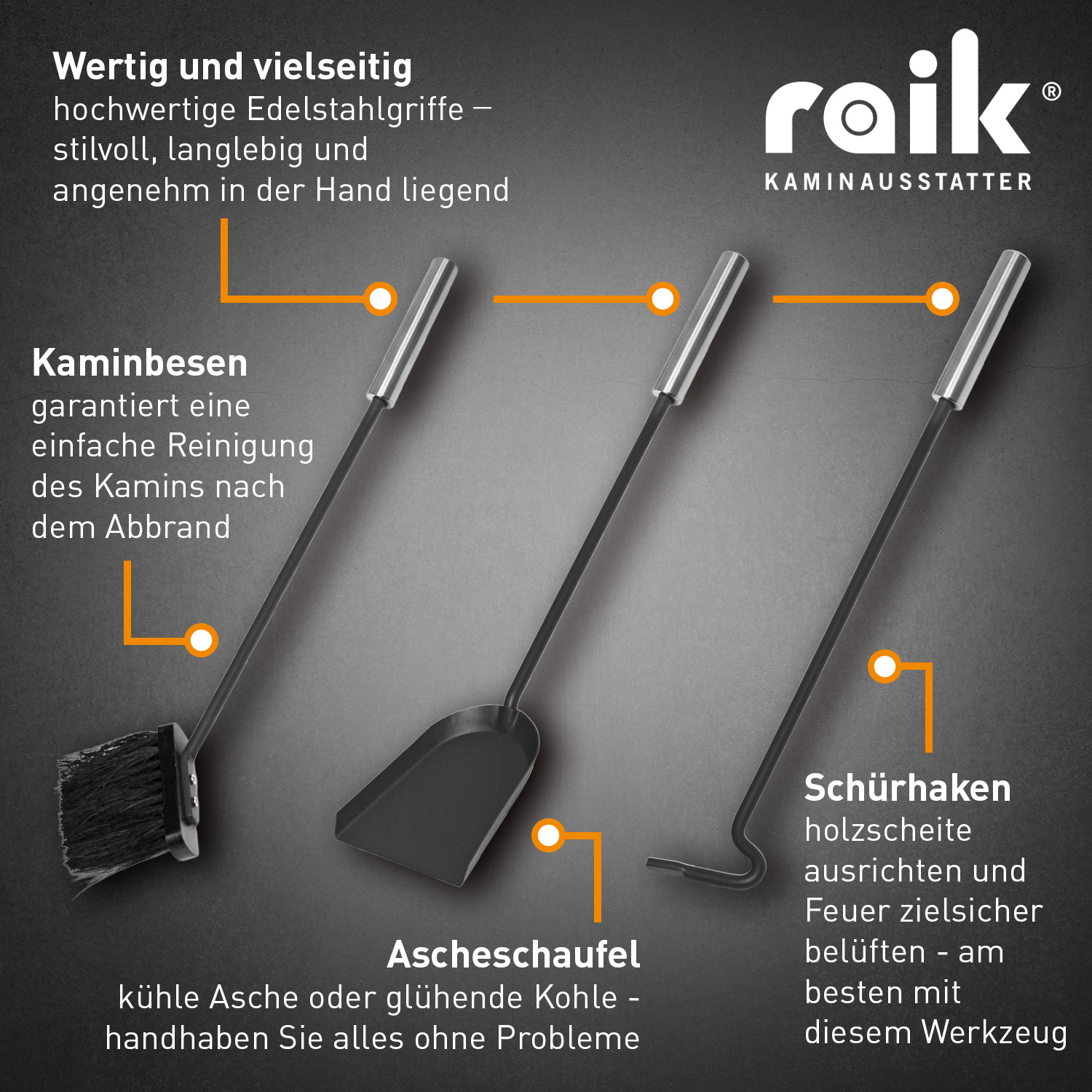Raik Ensemble d'outils de cheminée Fritz, 3 pièces, noir, poignées en acier inoxydable, 61 cm