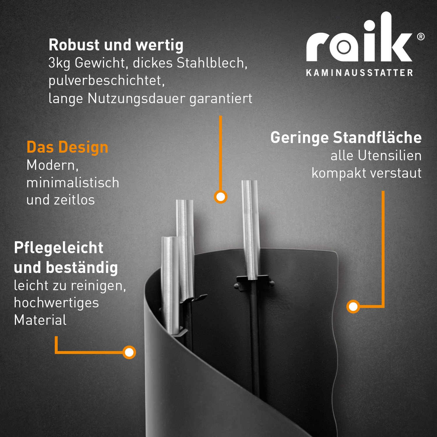 Raik Ensemble d'outils de cheminée Fritz, 3 pièces, noir, poignées en acier inoxydable, 61 cm
