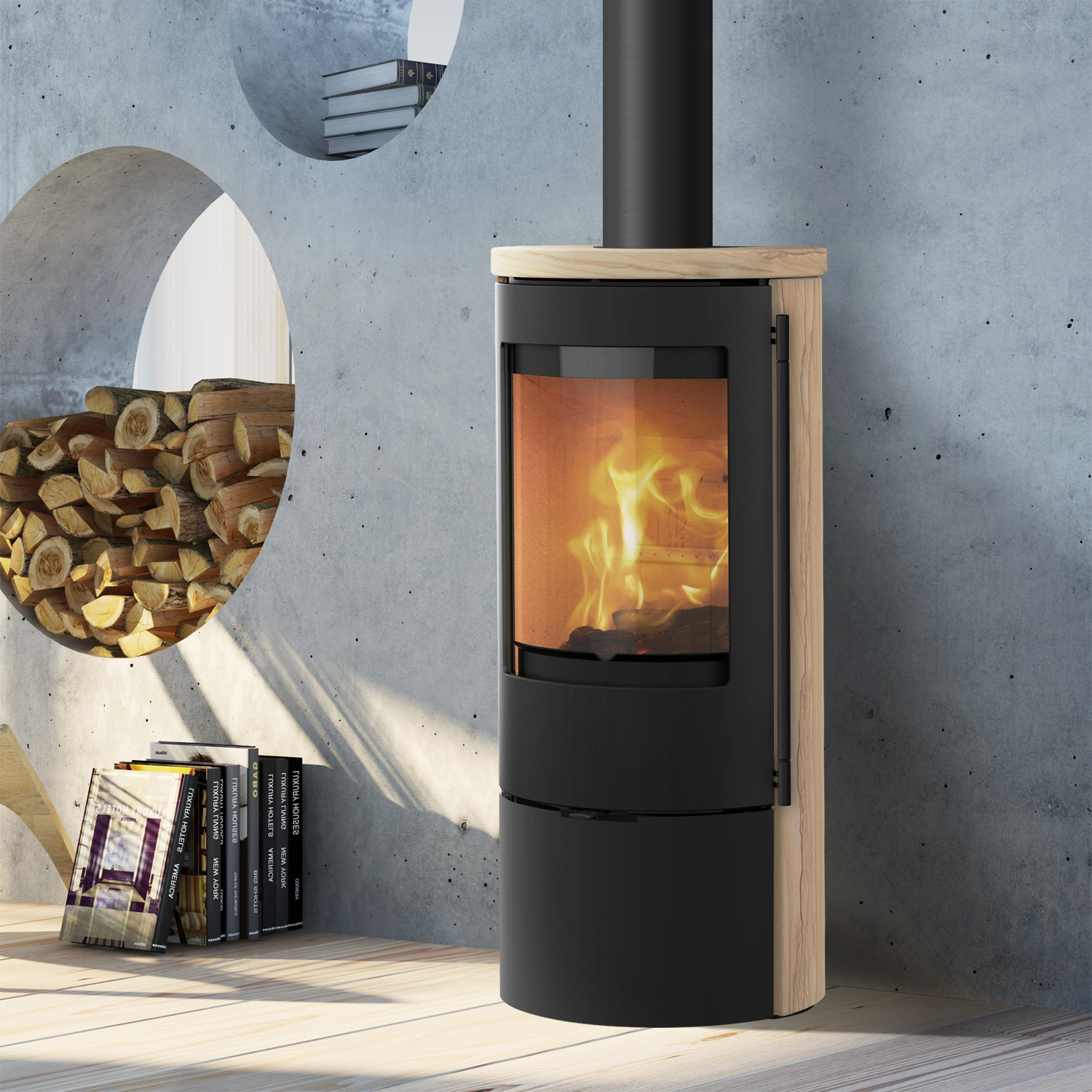 Lotus Prestige Basic S Poêle à bois en pierre de sable, corps noir, DIBt, raccordement de conduit de fumée en haut