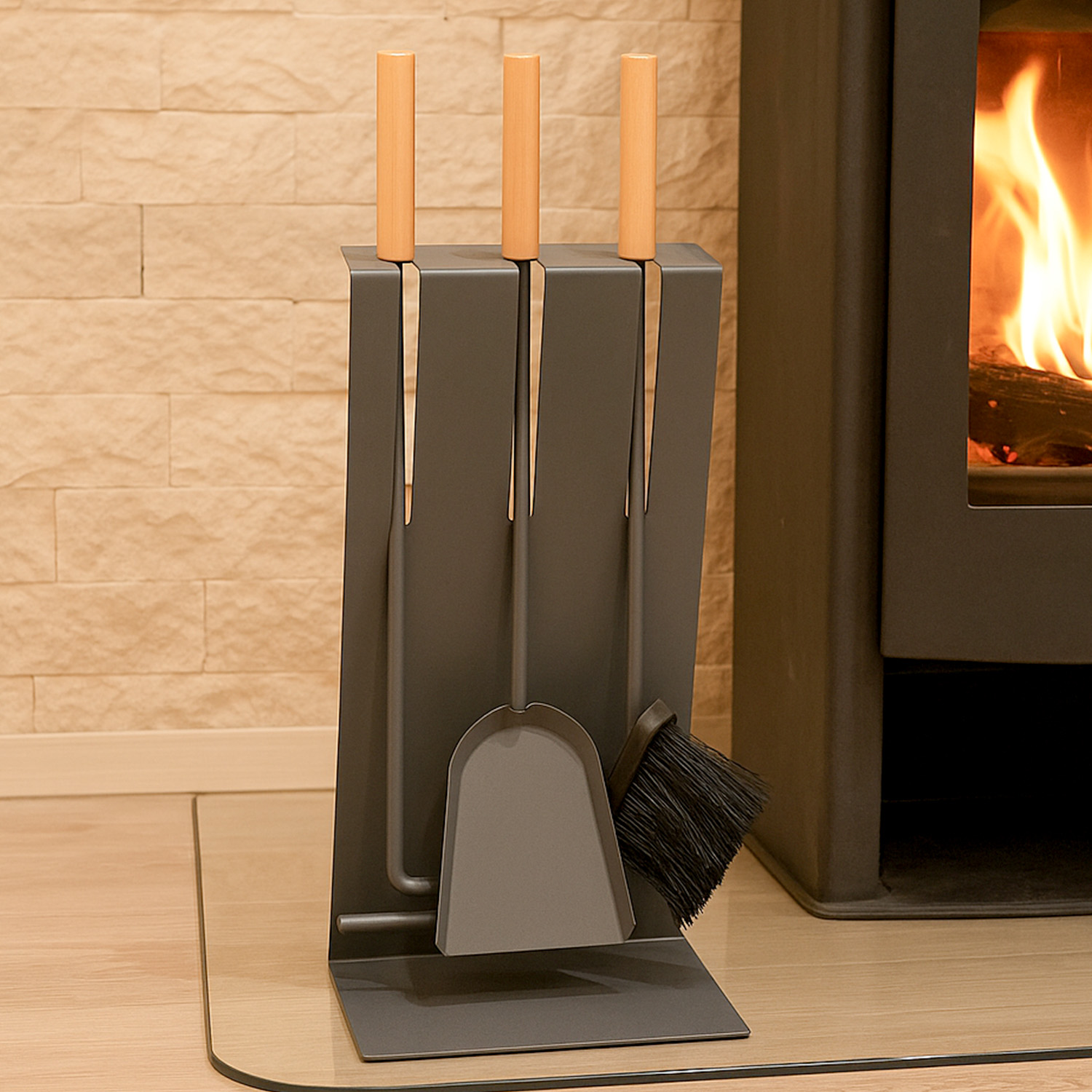 Raik Ensemble d'outils de cheminée Gustav, 3 pièces, anthracite, poignées en bois, 60 cm