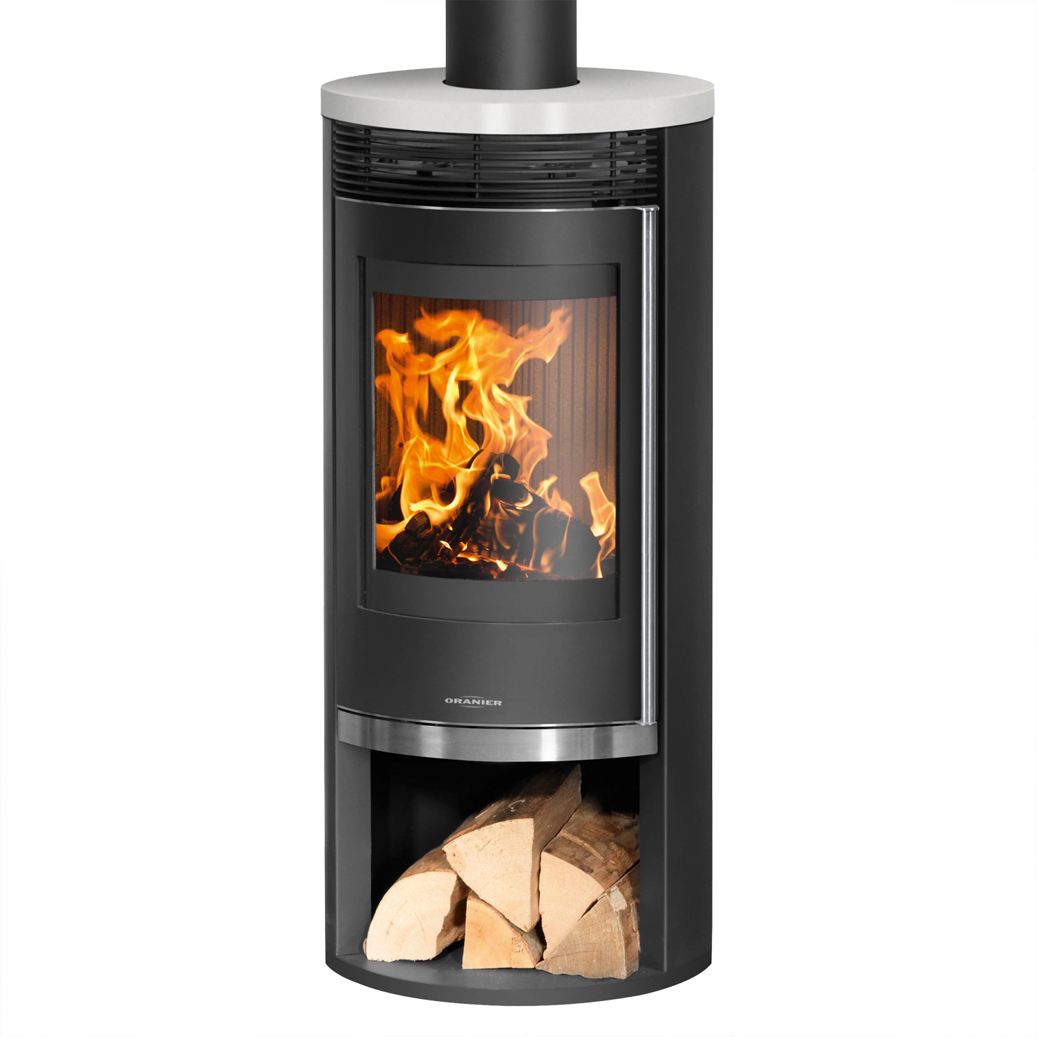 Poêle à bois Oranier Rota 2.0 en acier noir avec plaque de recouvrement en céramique blanc soie.