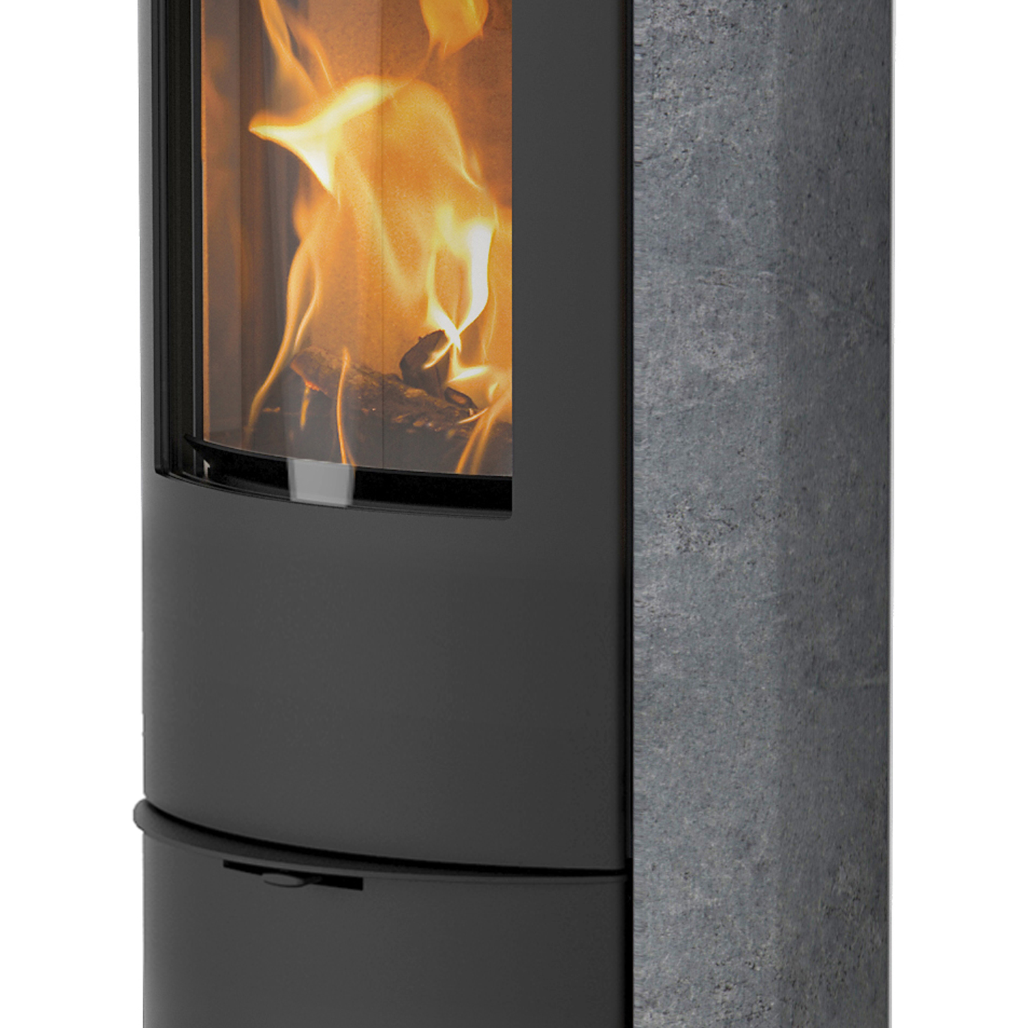Poêle à bois Lotus Liva 6S en pierre ollaire, porte noire, sortie de fumée arrière