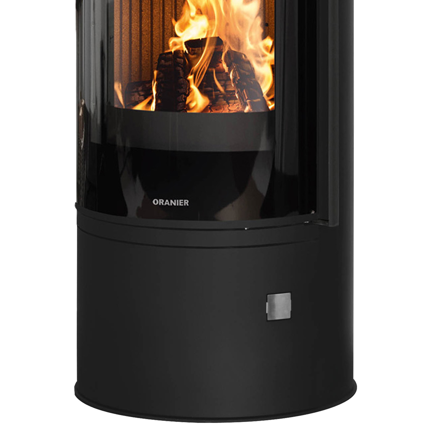 Oranier Arena Aqua 2.0 poêle à bois hydraulique en acier noir avec plaque de recouvrement en stéatite.
