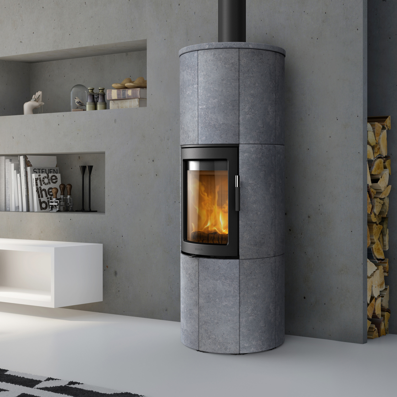Lotus Maestro 152M poêle à bois noir / pierre ollaire, sortie de fumée par le haut