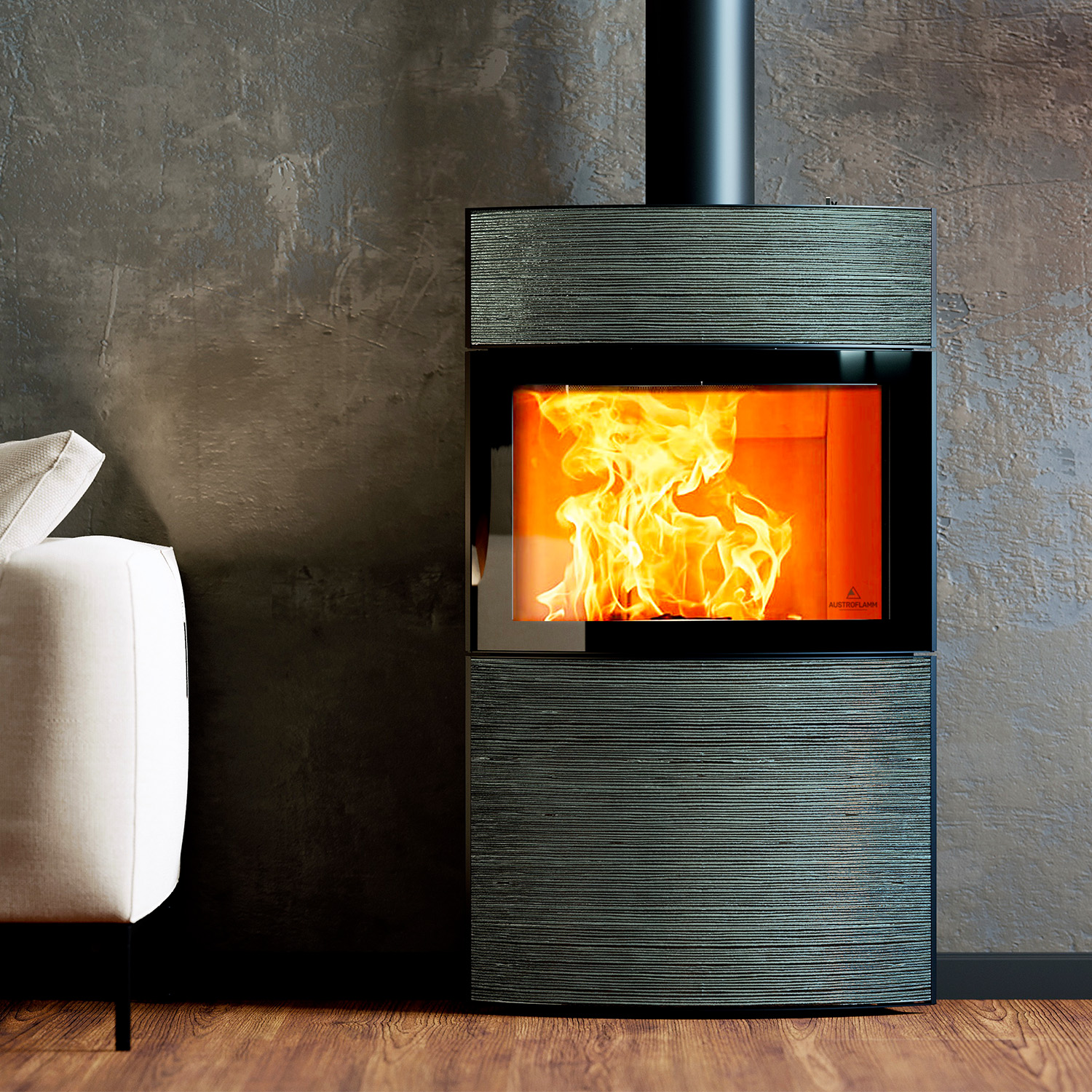 Austroflamm Fynn Xtra 2.0 poêle à bois acier noir/ revêtement céramique tourmaline rainure brillante