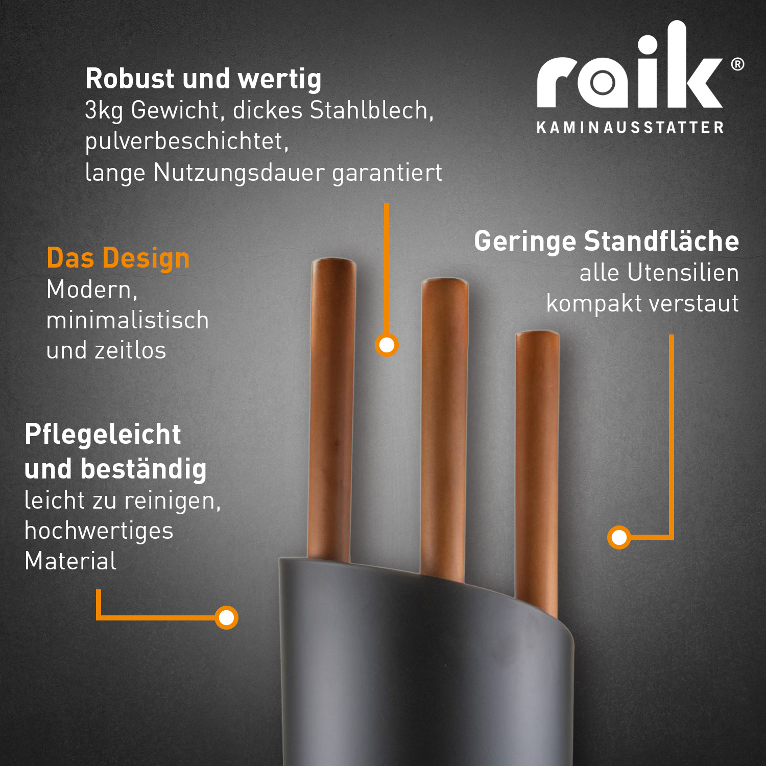 Raik Kaminbesteck Benno Set 3-teilig Schwarz mit langem Holzgriff