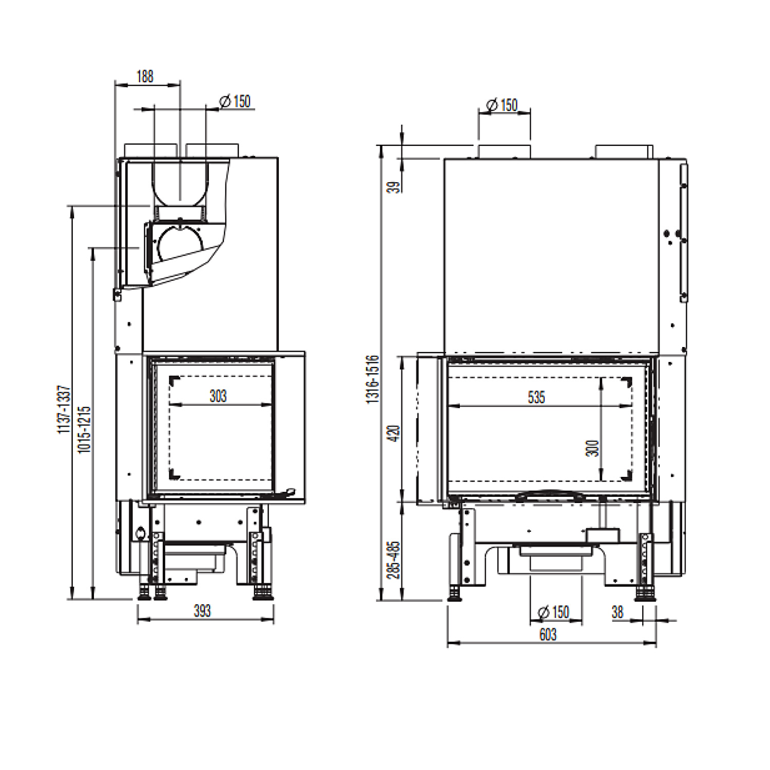 Austroflamm 63x40x42 S 2.0 Insert de cheminée angle gauche