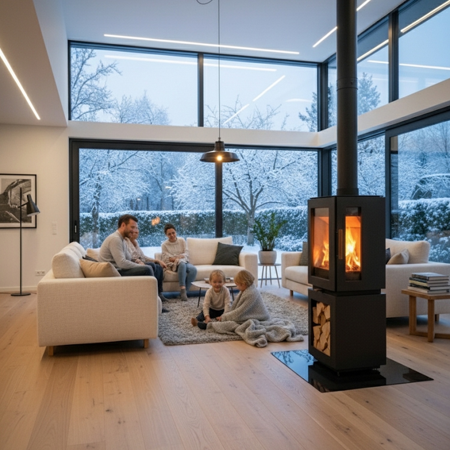 Poêle à bois Hergom Glow en fonte noire avec compartiment de rangement pour le bois