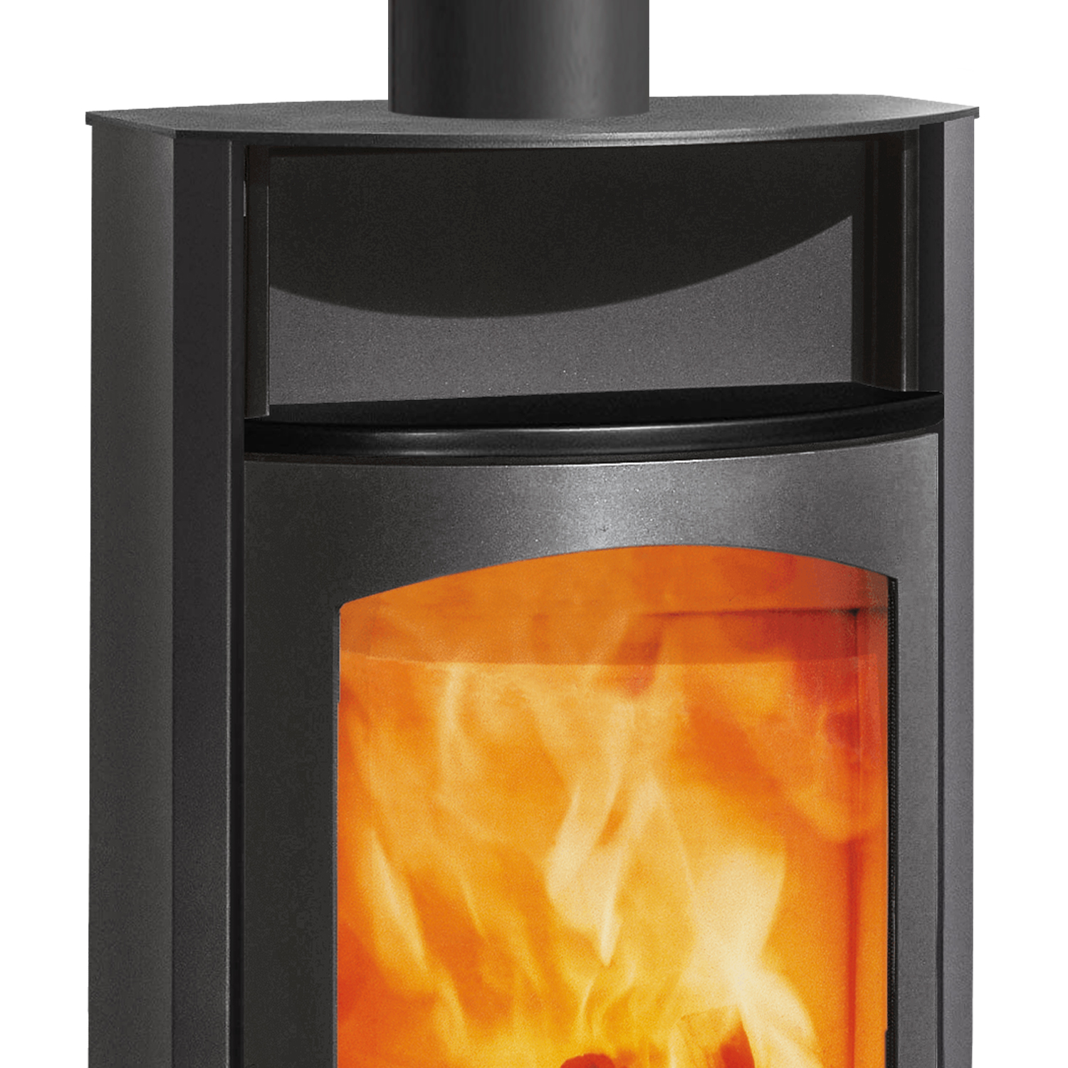 Austroflamm Koko 2.0 Poêle à bois en acier gris fonte, compartiment de maintien au chaud en céramique noire mate, plaque supérieure en fonte, sortie de fumée par le haut