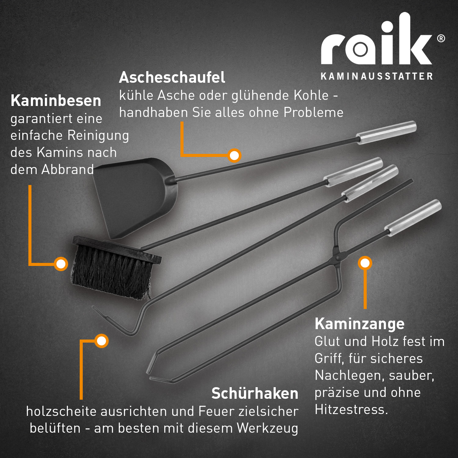 Ensemble d'accessoires pour cheminée Raik Arthur, 4 pièces, anthracite, poignées en acier inoxydable, 66 cm