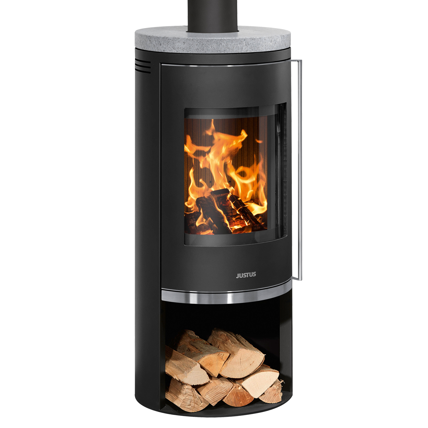 Justus Faro 2.0 Poêle à bois en acier noir avec plaque de recouvrement en stéatite.