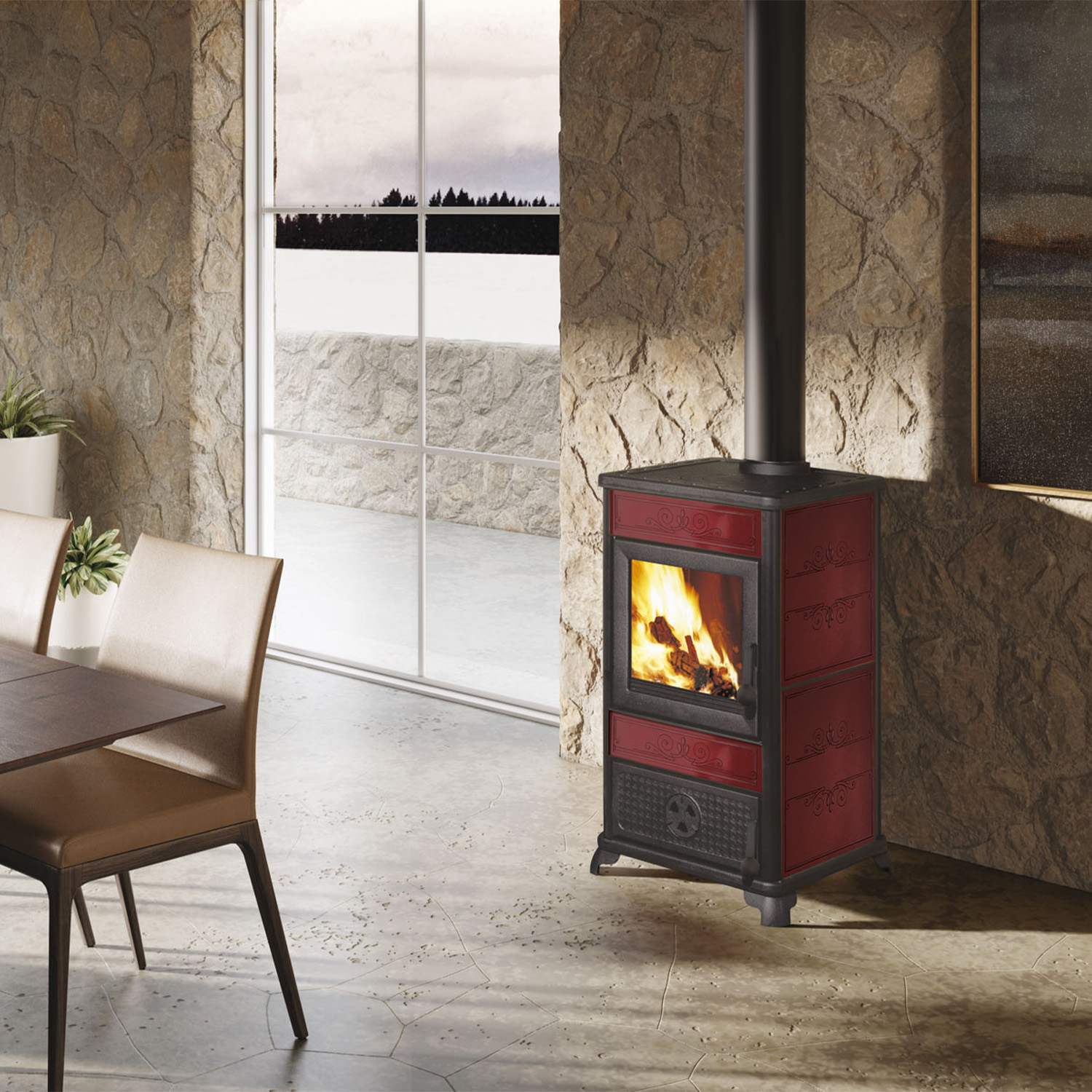 EK63 Fancy Evo Poêle à bois céramique bordeaux