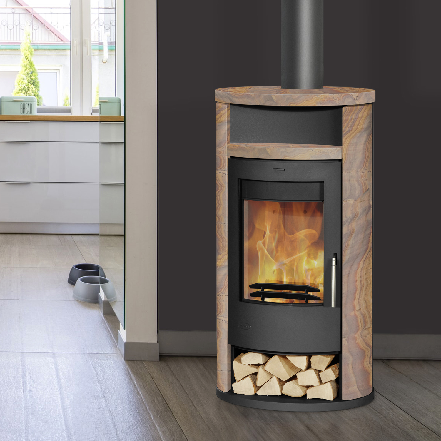Cheminée Alicante Poêle à bois Acier Noir | Loticstone Pierre de sable