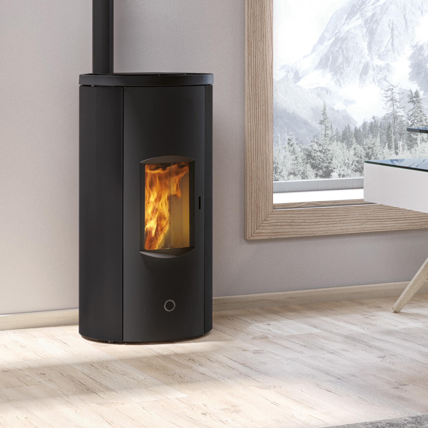 EK63 Like80 poêle à granulés acier noir mat raccordement tuyaux en haut