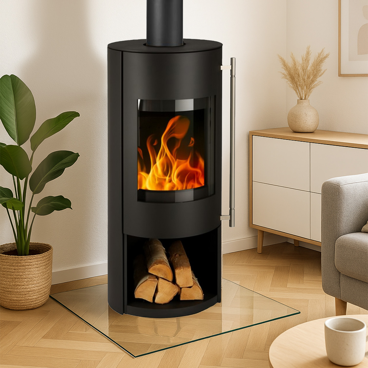 Haas+Sohn GRASSE Acier poêle à bois noir profond avec compartiment range-bûches sans porte