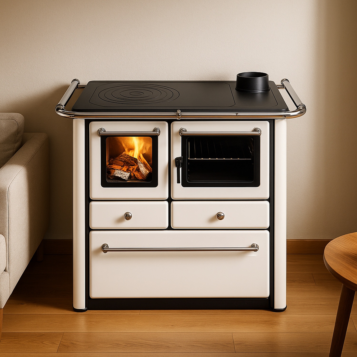 Westminster cuisinière à bois K 85 F II blanc raccordement tuyaux gauche