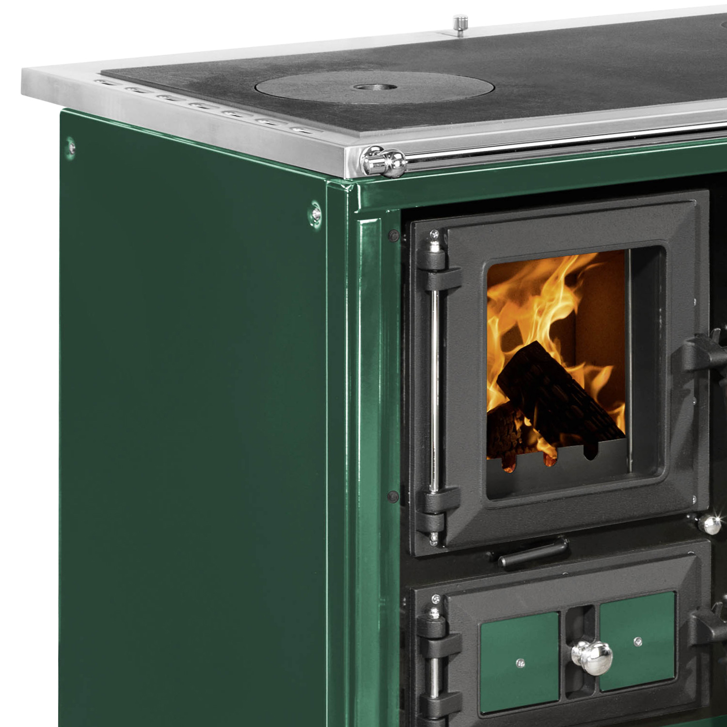 Justus Rustico-90 2.0 Poêle à bois en acier vert, four à droite